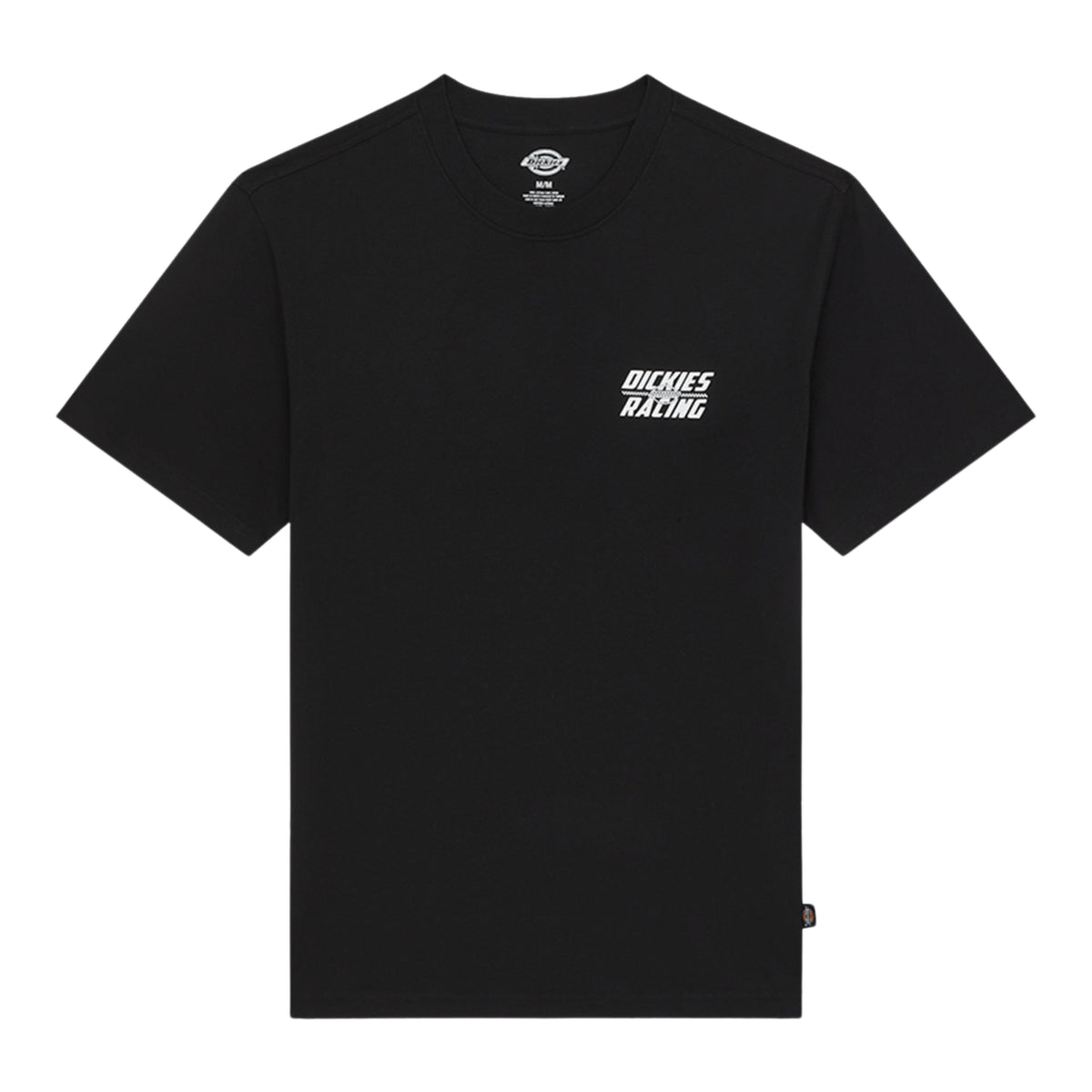 T-shirt de manga curta Dickies Racing preta vista de frente, sem modelo, com gola redonda e pequeno gráfico branco no peito à esquerda.