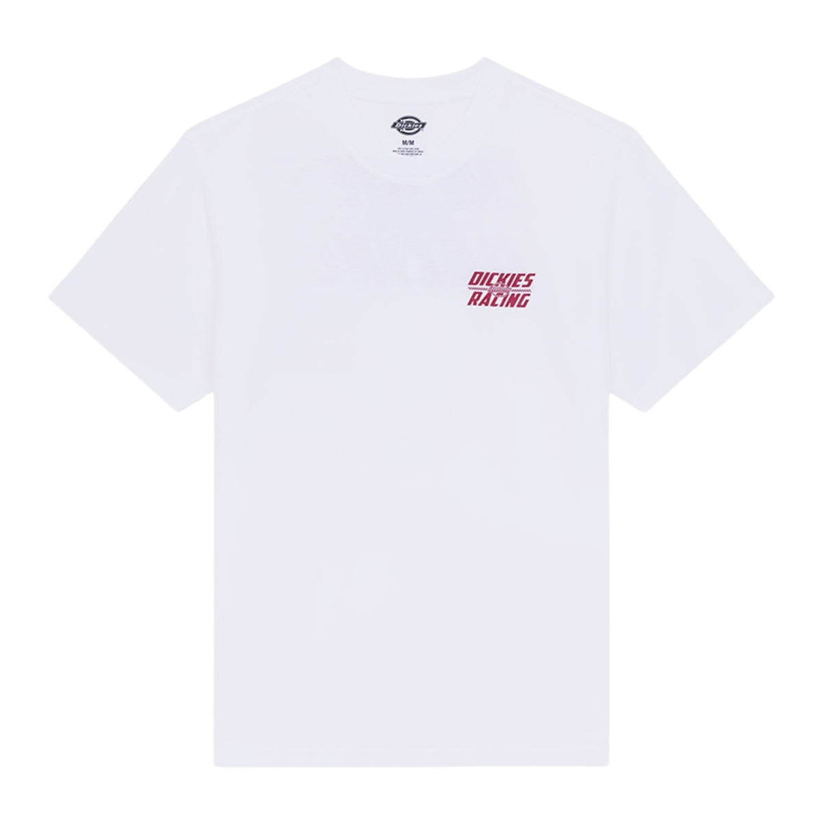 T-shirt de manga curta Dickies Racing branca vista de frente, sem modelo, com gola redonda e pequeno gráfico vermelho no peito à esquerda.