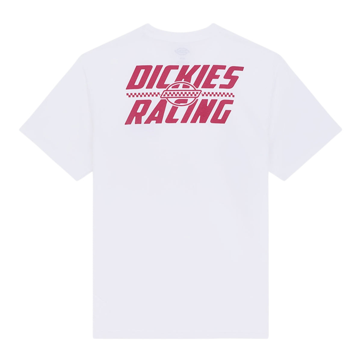 T-shirt de manga curta Dickies Racing branca vista de costas, sem modelo, com grande gráfico vermelho e faixa axadrezada.