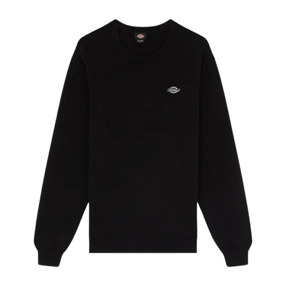Camisola de malha para homem Dickies Summerdale preta — vista frontal, isolada sobre fundo branco, com logótipo bordado no peito e etiqueta visível junto à gola.