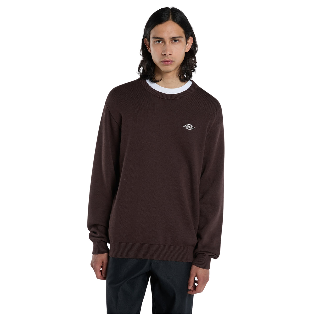 Camisola de malha para homem Dickies Summerdale em Chocolate Brown — vista frontal do modelo em plano médio, com gola redonda e logótipo Dickies bordado no peito.