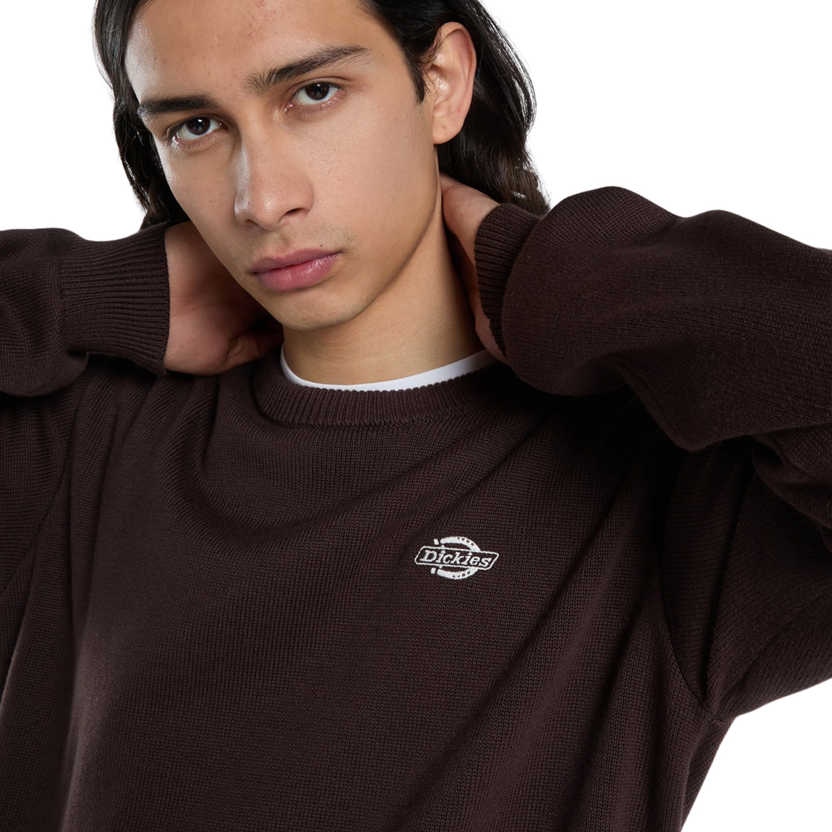 Camisola de malha para homem Dickies Summerdale em Chocolate Brown — pormenor frontal da gola redonda e do logótipo Dickies bordado em contraste no peito.