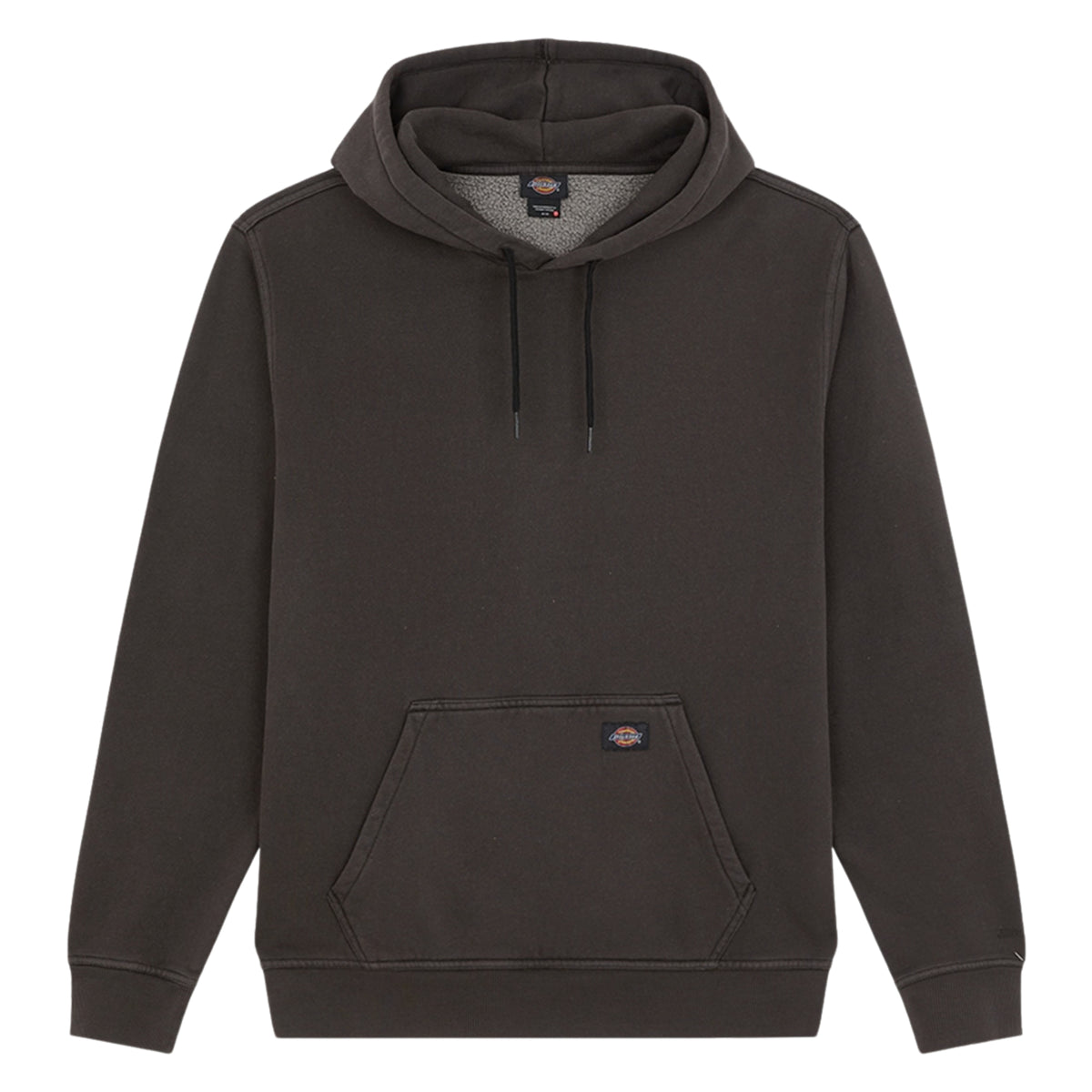 Sweat com carapuço Dickies Sutcliffe em Preto, peça disposta de frente sobre fundo branco, com cordões, bolso canguru, etiqueta Dickies no bolso e punhos e bainha canelados.