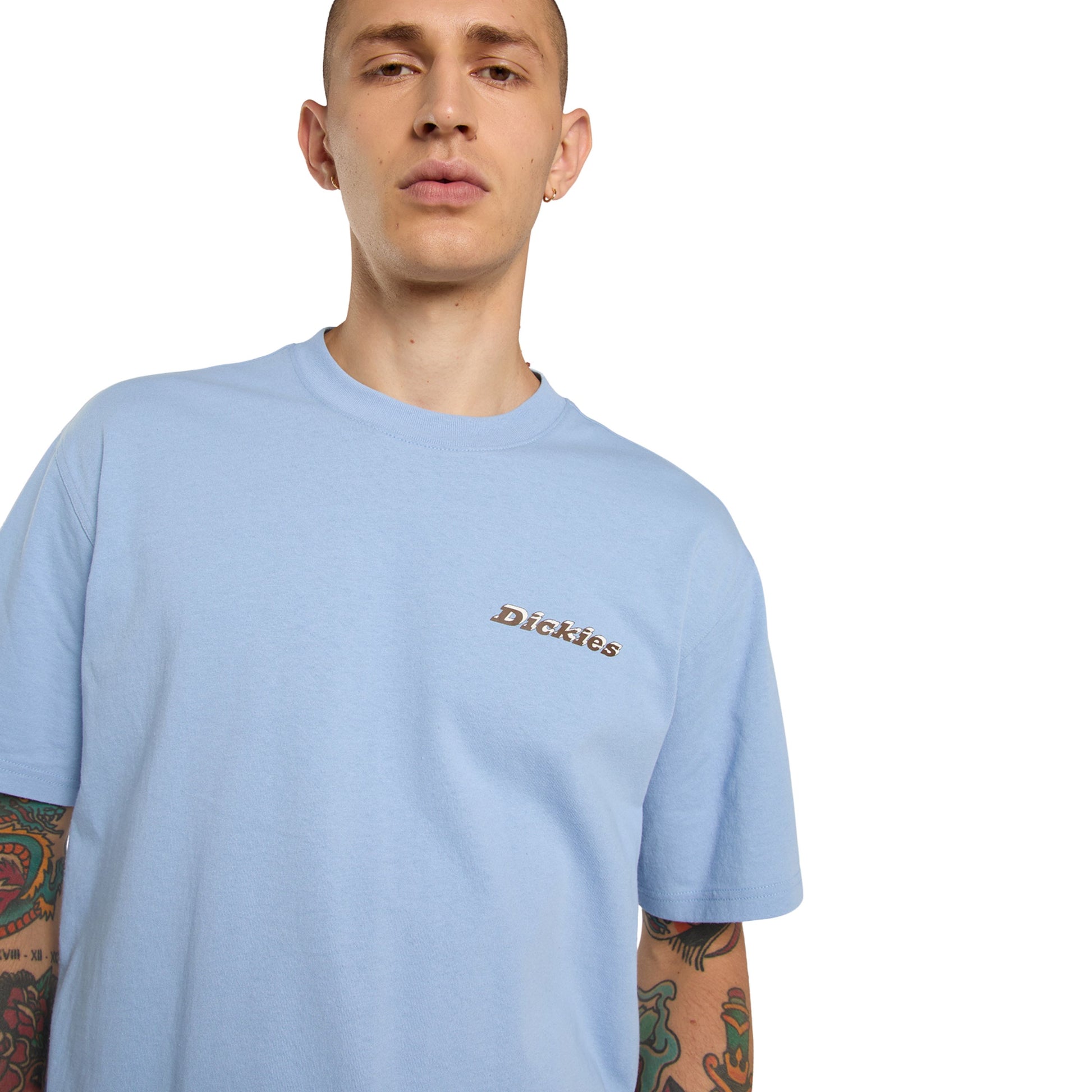 T-Shirt de manga curta para homem Dickies Thornville em Endless Sky. Foto de detalhe da parte da frente, vestida.