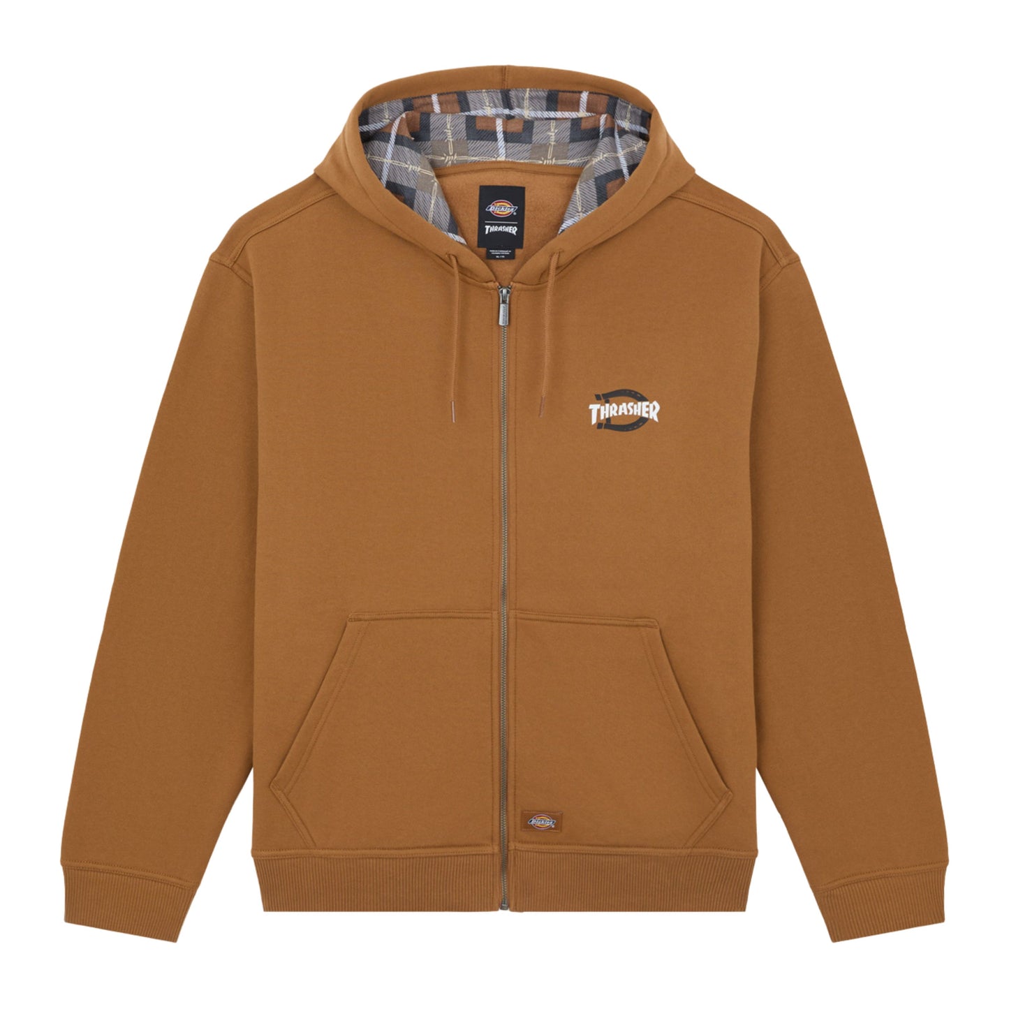 Casaco com carapuço e zipper completo para homem Dickies X Thrasher em Brown Duck. Foto da parte da frente.