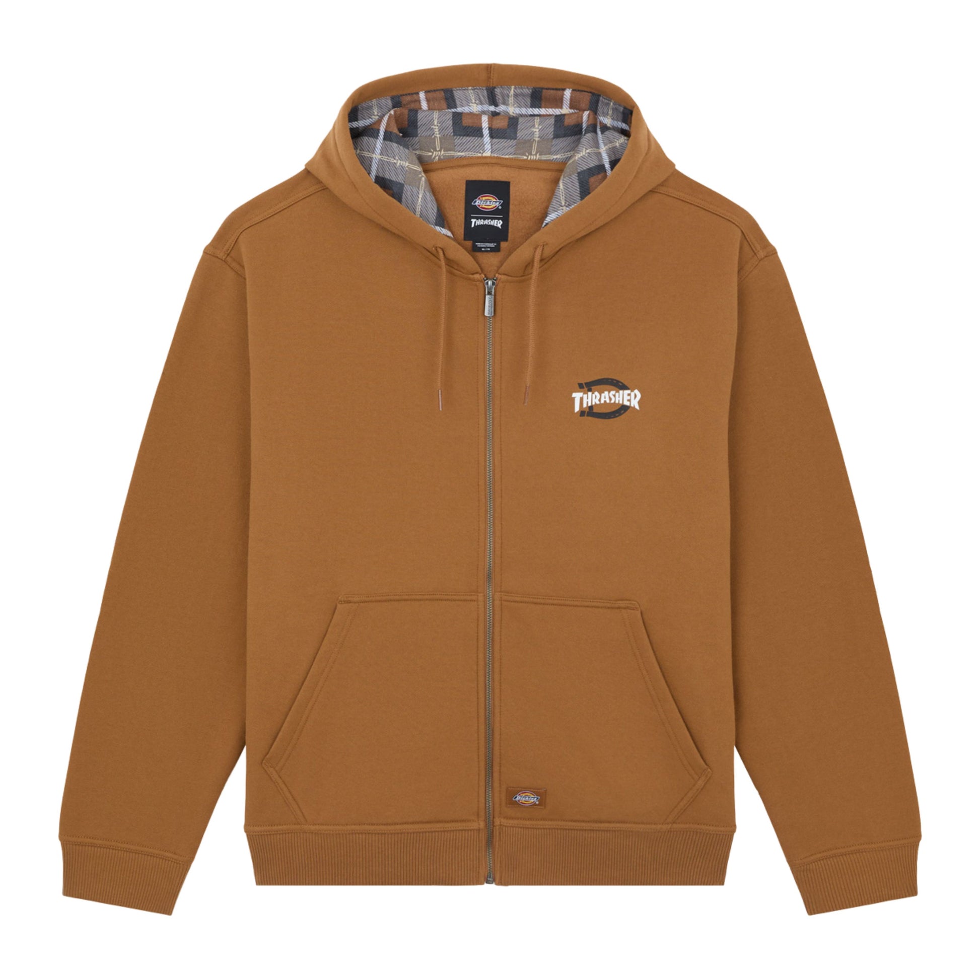 Casaco com carapuço e zipper completo para homem Dickies X Thrasher em Brown Duck. Foto da parte da frente.