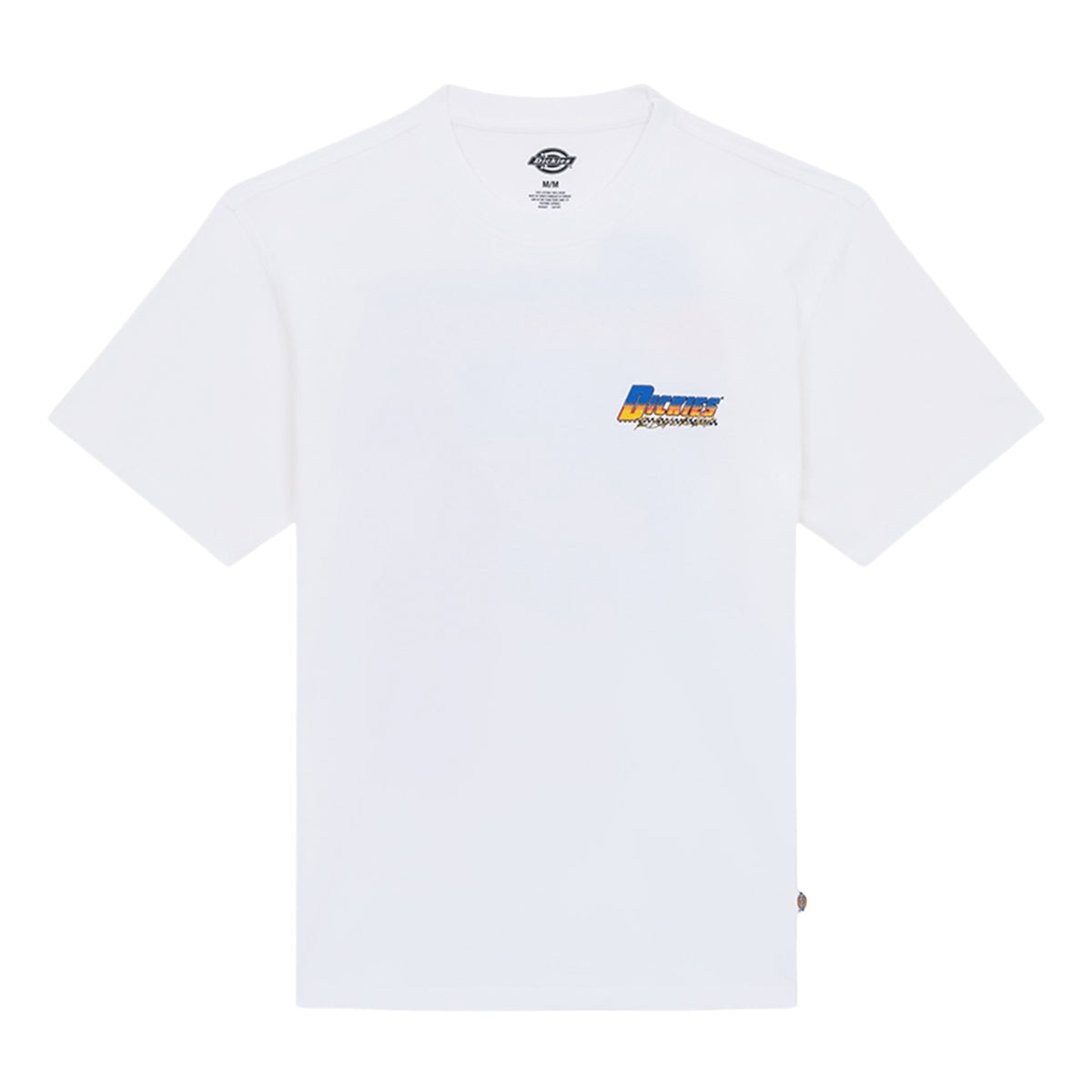 T-shirt de manga curta Dickies Tonopah em Branco, peça disposta de frente sobre fundo claro, com pequeno logótipo colorido no peito esquerdo e etiqueta Dickies na costura lateral.
