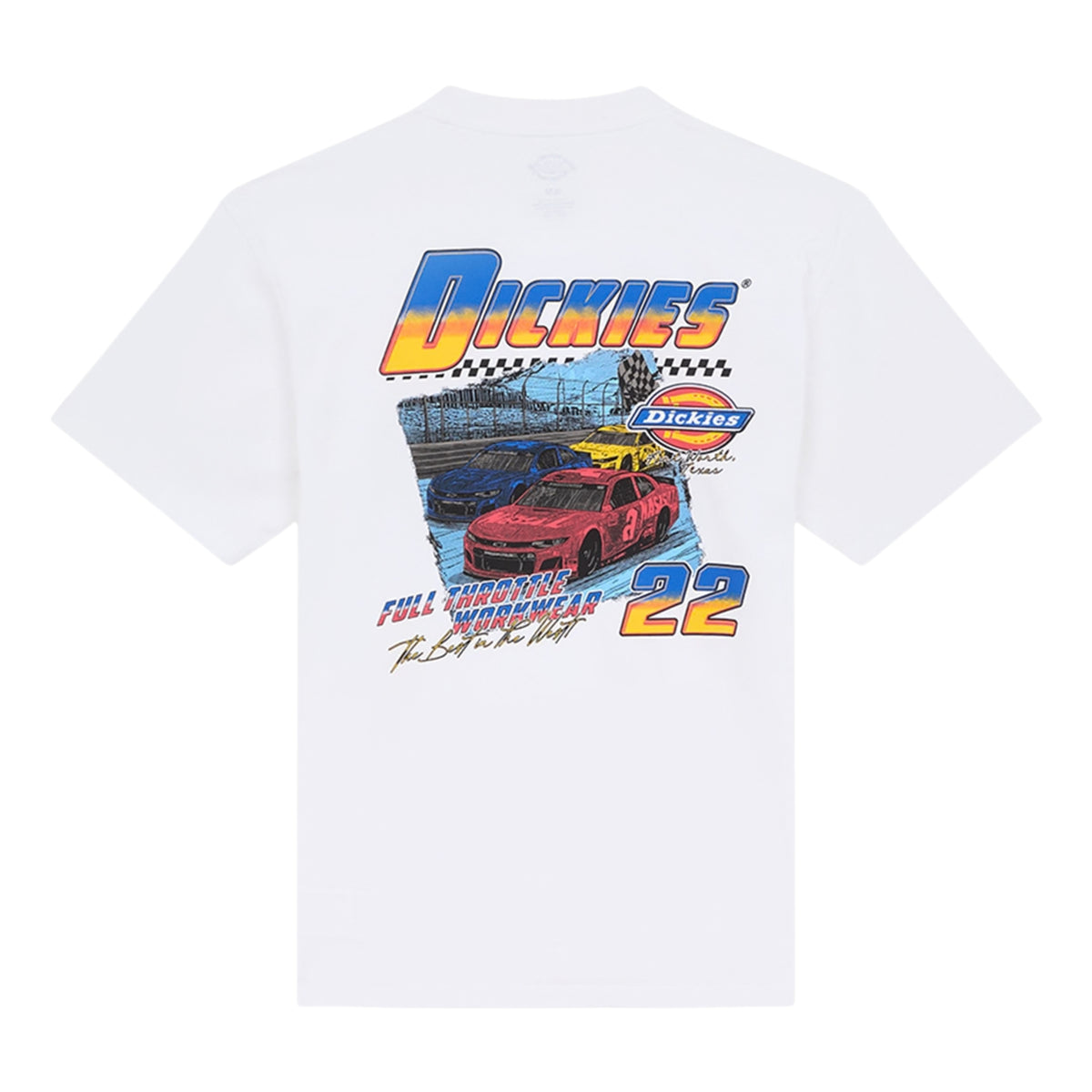 T-shirt de manga curta Dickies Tonopah em Branco, peça disposta de costas sobre fundo claro, mostrando o estampado colorido de carros de corrida e o número 22.