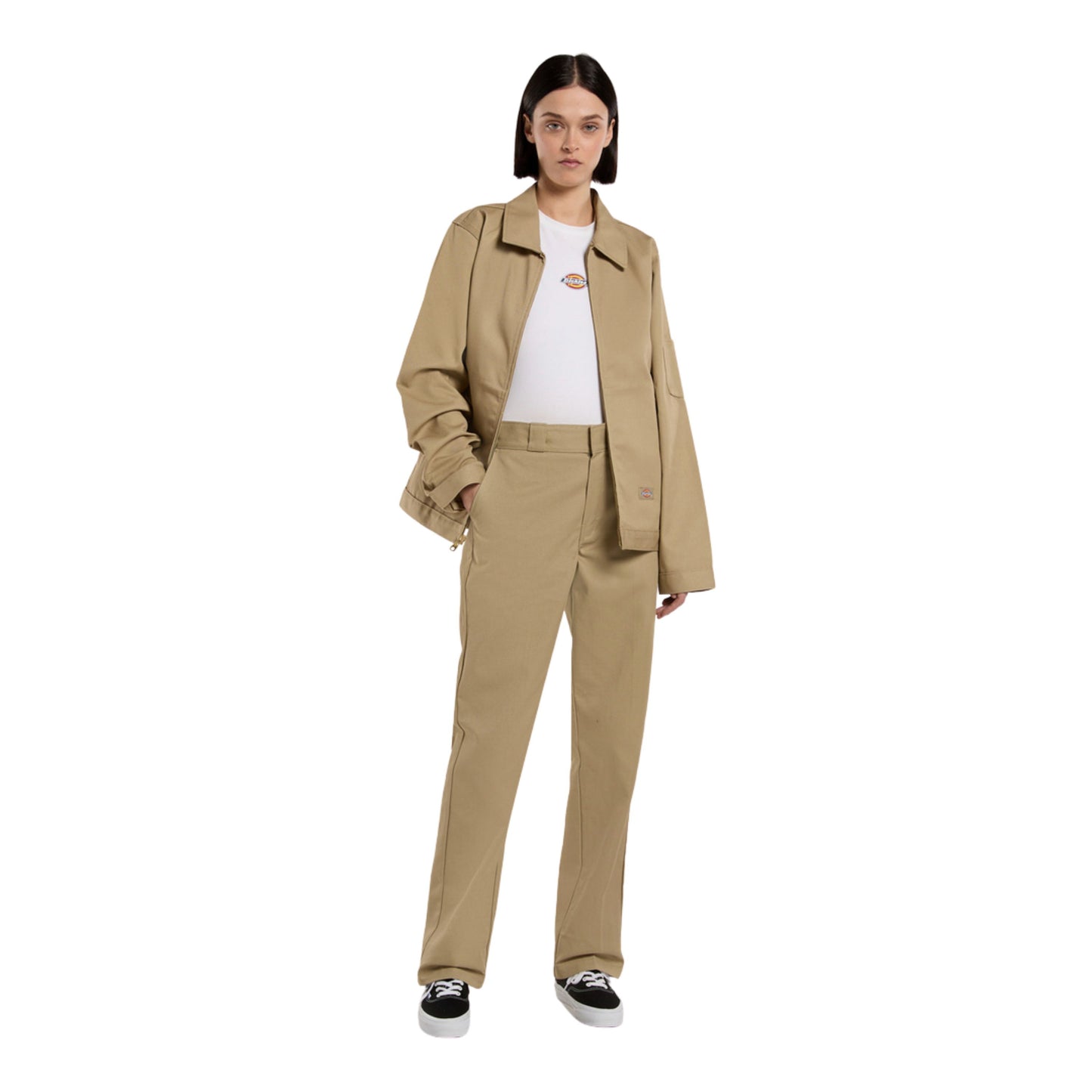 Casaco unissexo Dickies Unlined Eisenhower em Khaki. Foto da parte da frente, vestido.