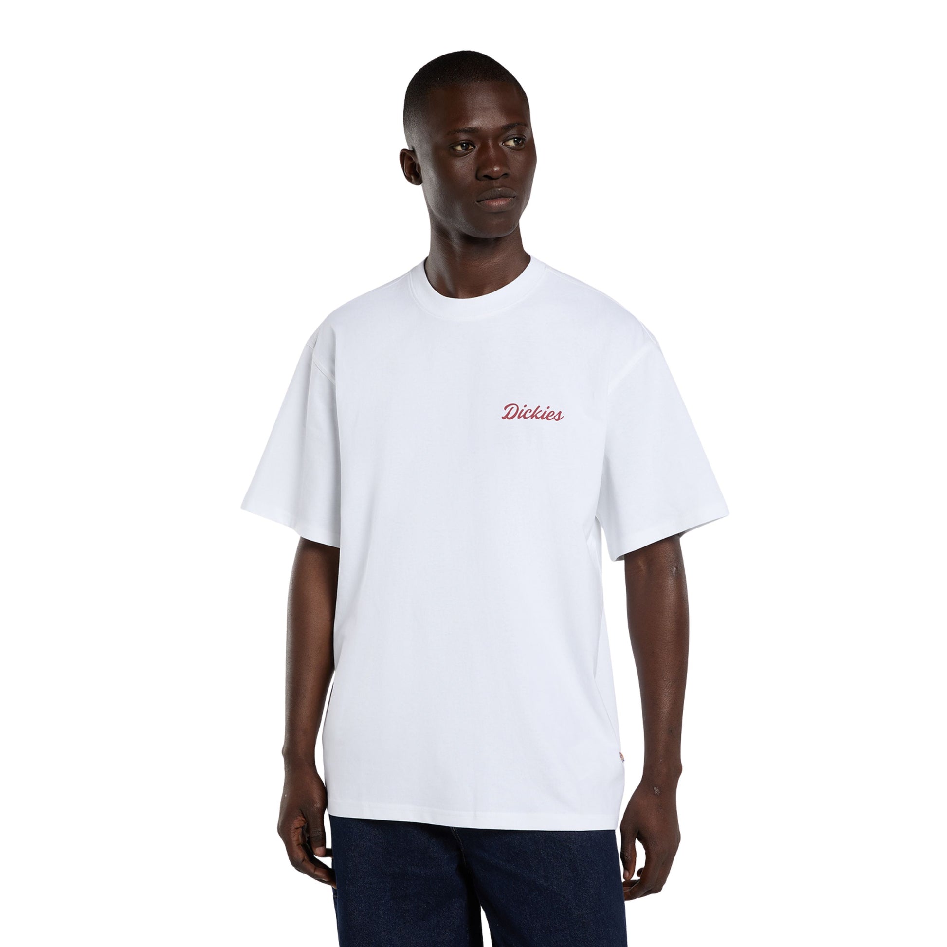 T-Shirt de manga curta para homem Dickies Wellsville em Branco. Foto da parte da frente, vestida.