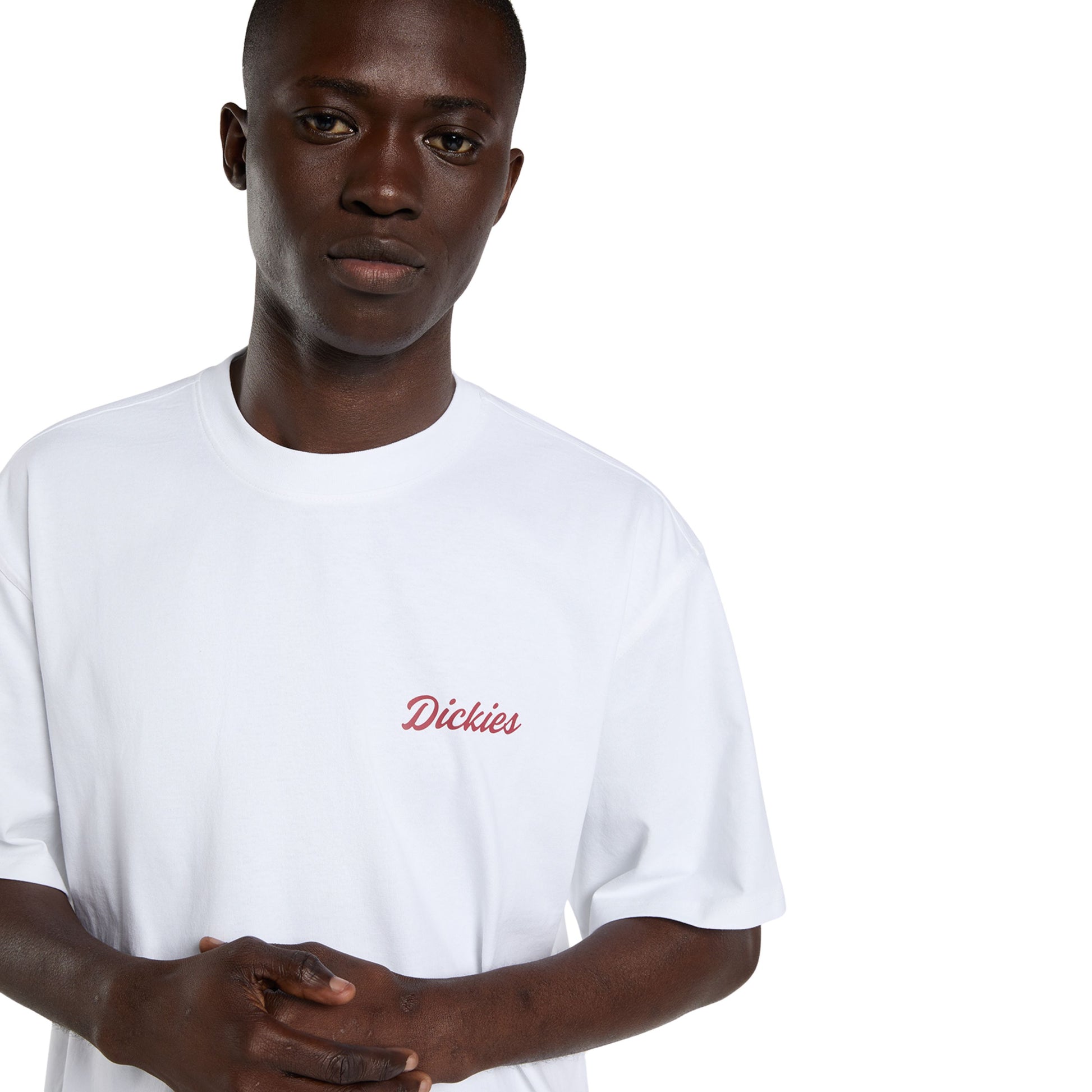 T-Shirt de manga curta para homem Dickies Wellsville em Branco. Foto de detalhe da parte da frente, vestida.
