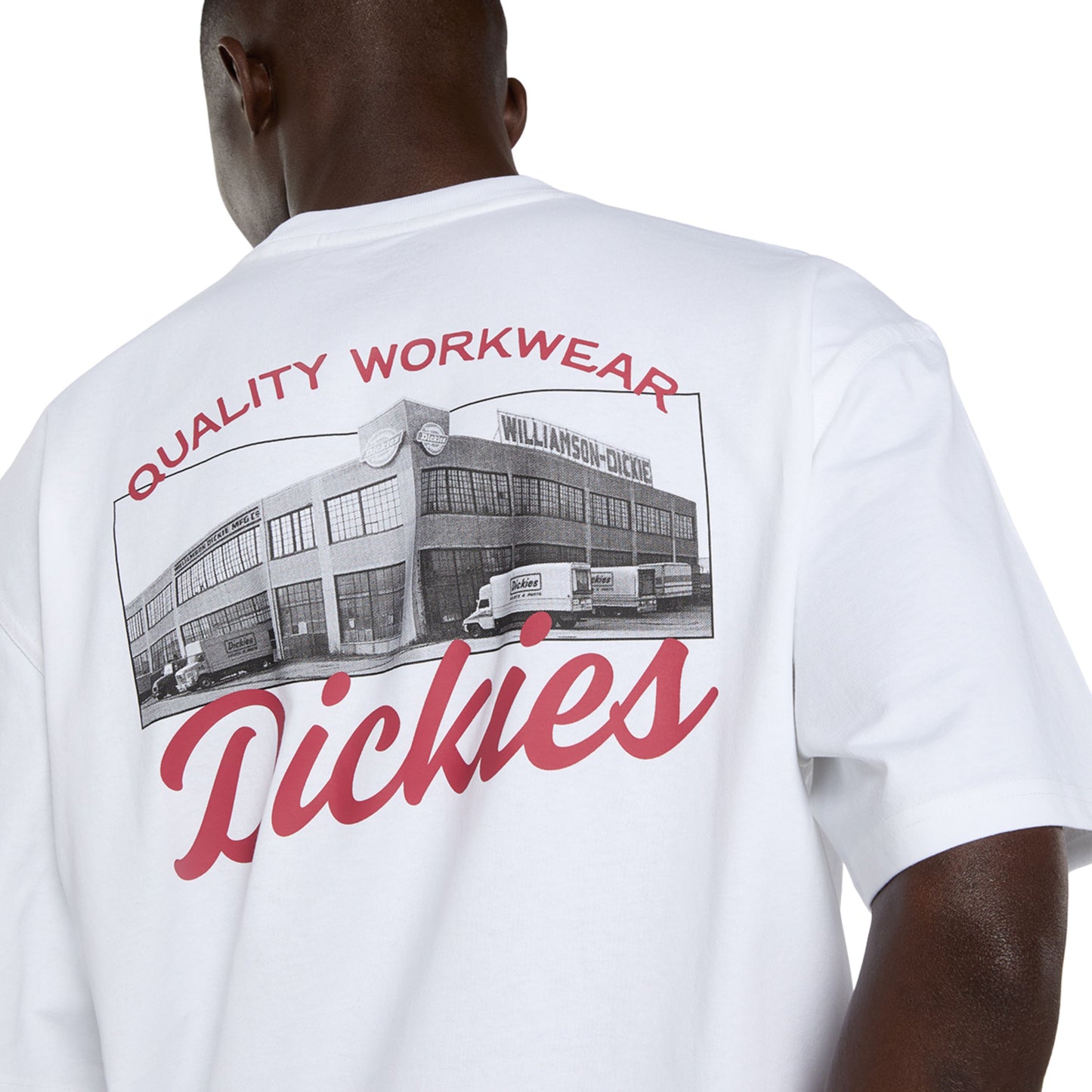 T-Shirt de manga curta para homem Dickies Wellsville em Branco. Foto de detalhe da parte de trás, vestida.