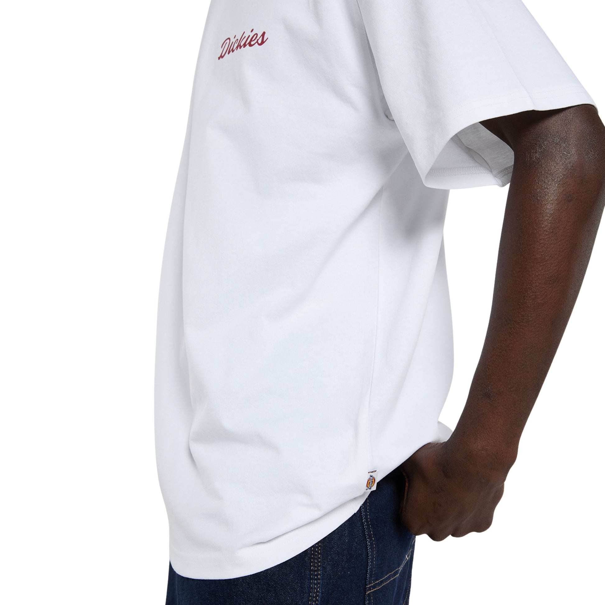 T-Shirt de manga curta para homem Dickies Wellsville em Branco. Foto da lateral, vestida.