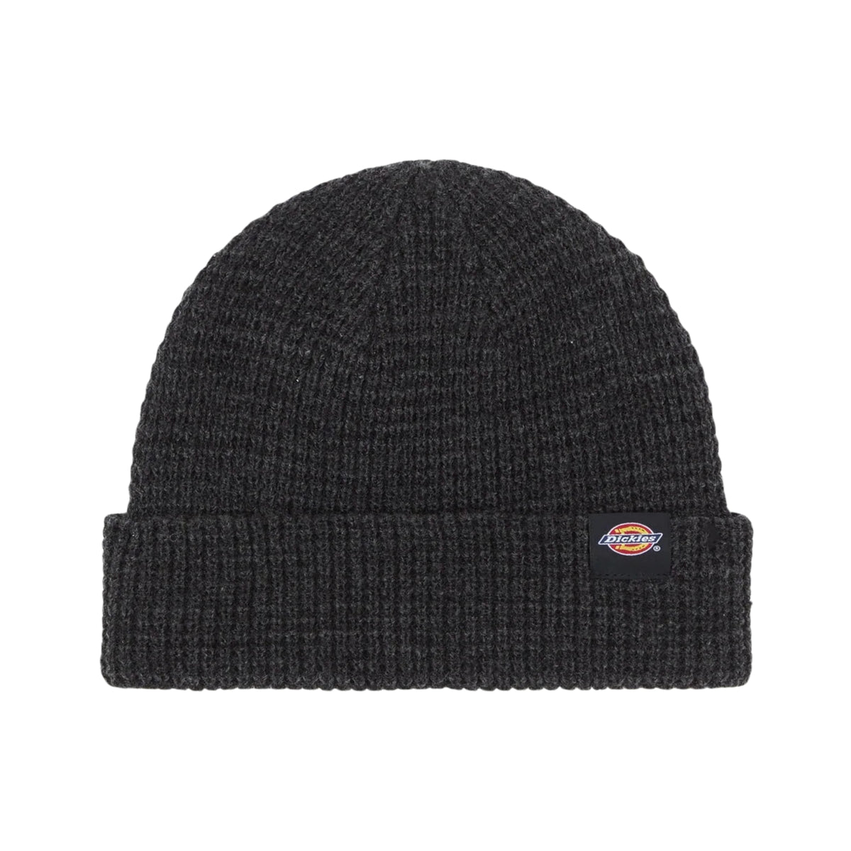 Vista frontal do gorro Dickies Woodworth Waffle preto, com malha texturada, dobra e etiqueta Dickies.