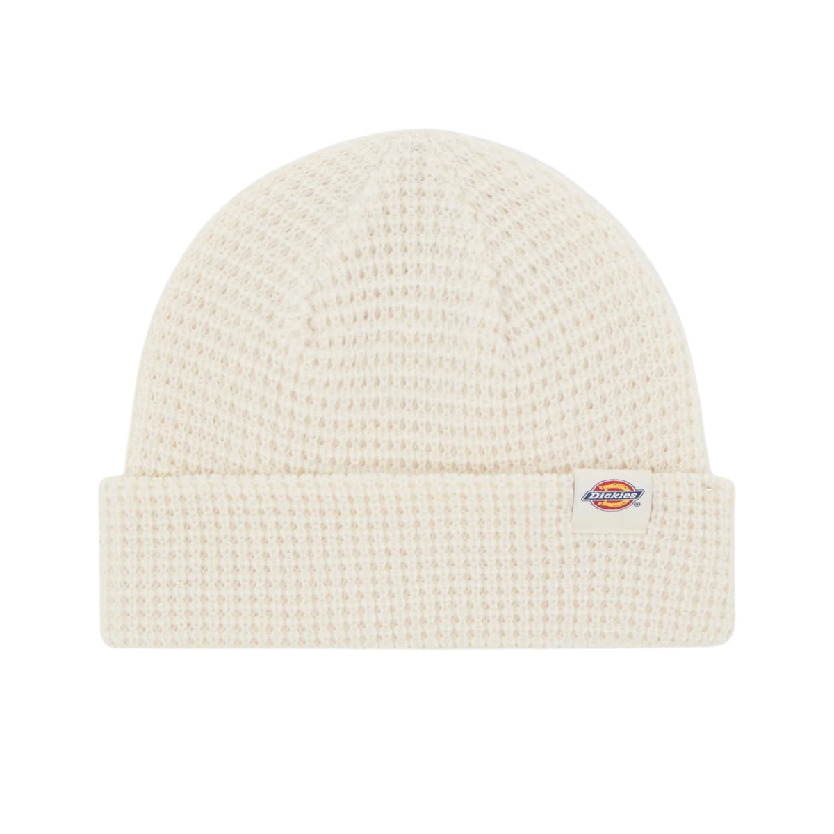 Gorro unissexo Dickies Woodworth Waffle Beanie em Ecru — flat lay de frente sobre fundo branco com label tecida Dickies na dobra.