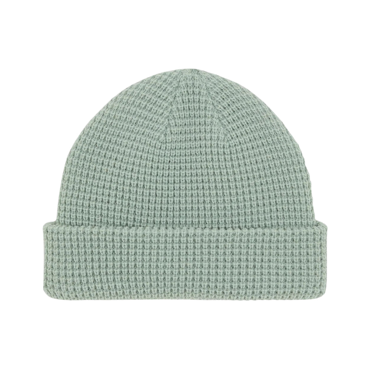 Vista traseira do gorro Dickies Woodworth Waffle Jadeite, com dobra sem etiqueta e costuras no topo.