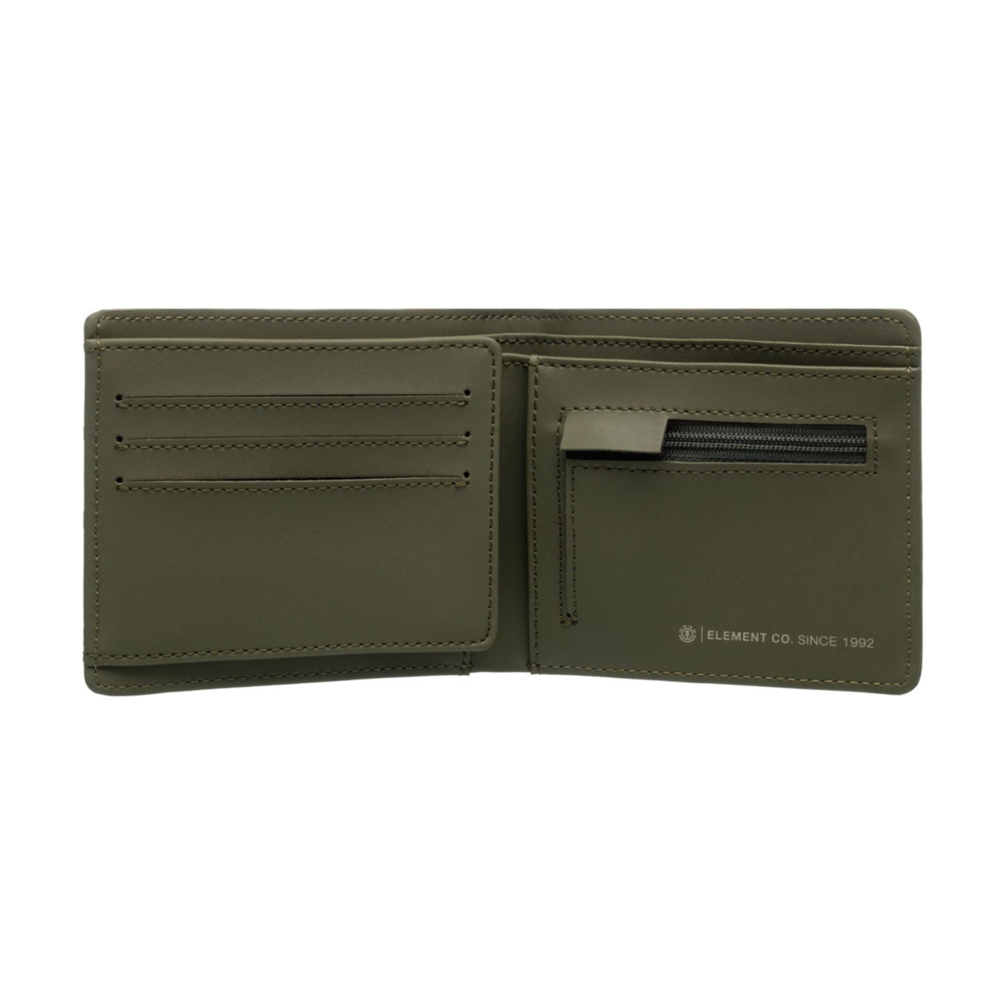 Carteira unissexo Element Double Icon Trifold em Kalamata. Foto da parte da frente, parcialmente aberta.