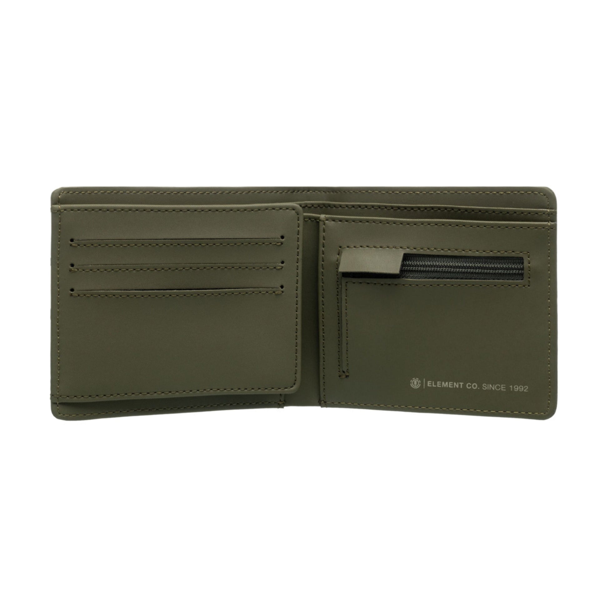 Carteira unissexo Element Double Icon Trifold em Kalamata. Foto da parte da frente, parcialmente aberta.