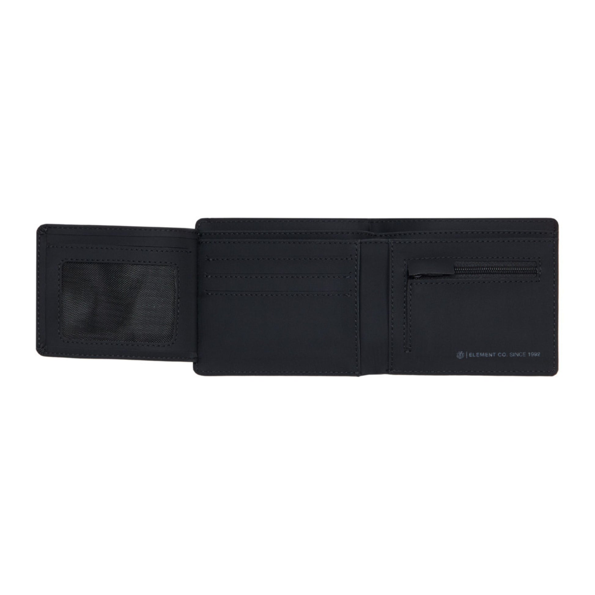 Carteira unissexo Element Double Icon Trifold em Flint Black. Foto da parte da frente, aberta.