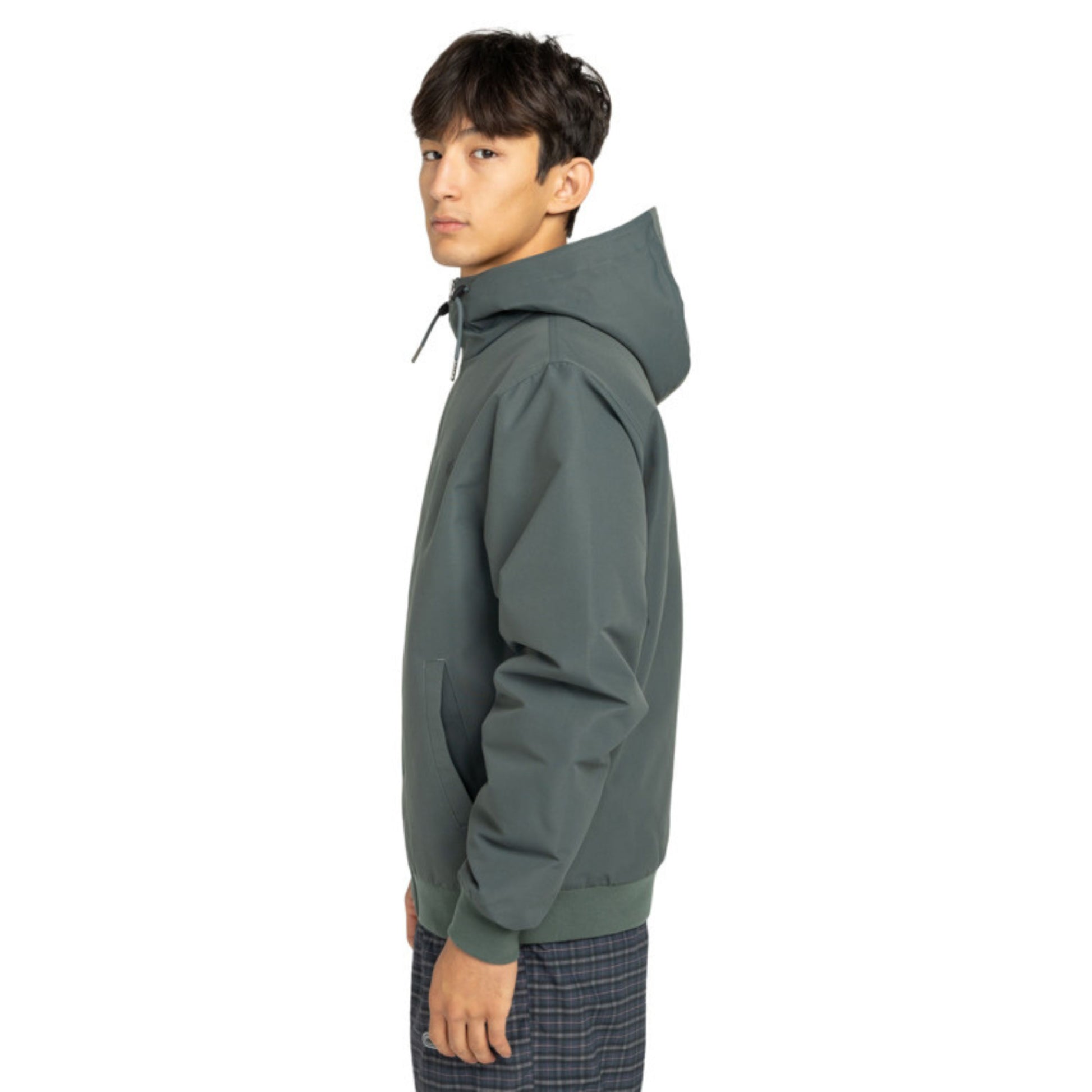 Casaco com carapuço para homem Element Dulcey em Ardoise. Foto da lateral, vestido.