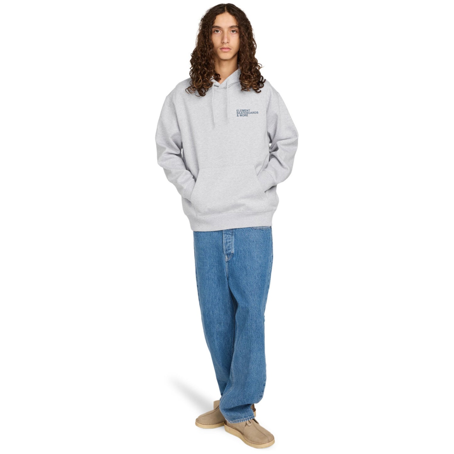 Sweat com carapuço para homem Element Motion Tree em Mid Grey Heather. Foto da parte da frente, vestida.