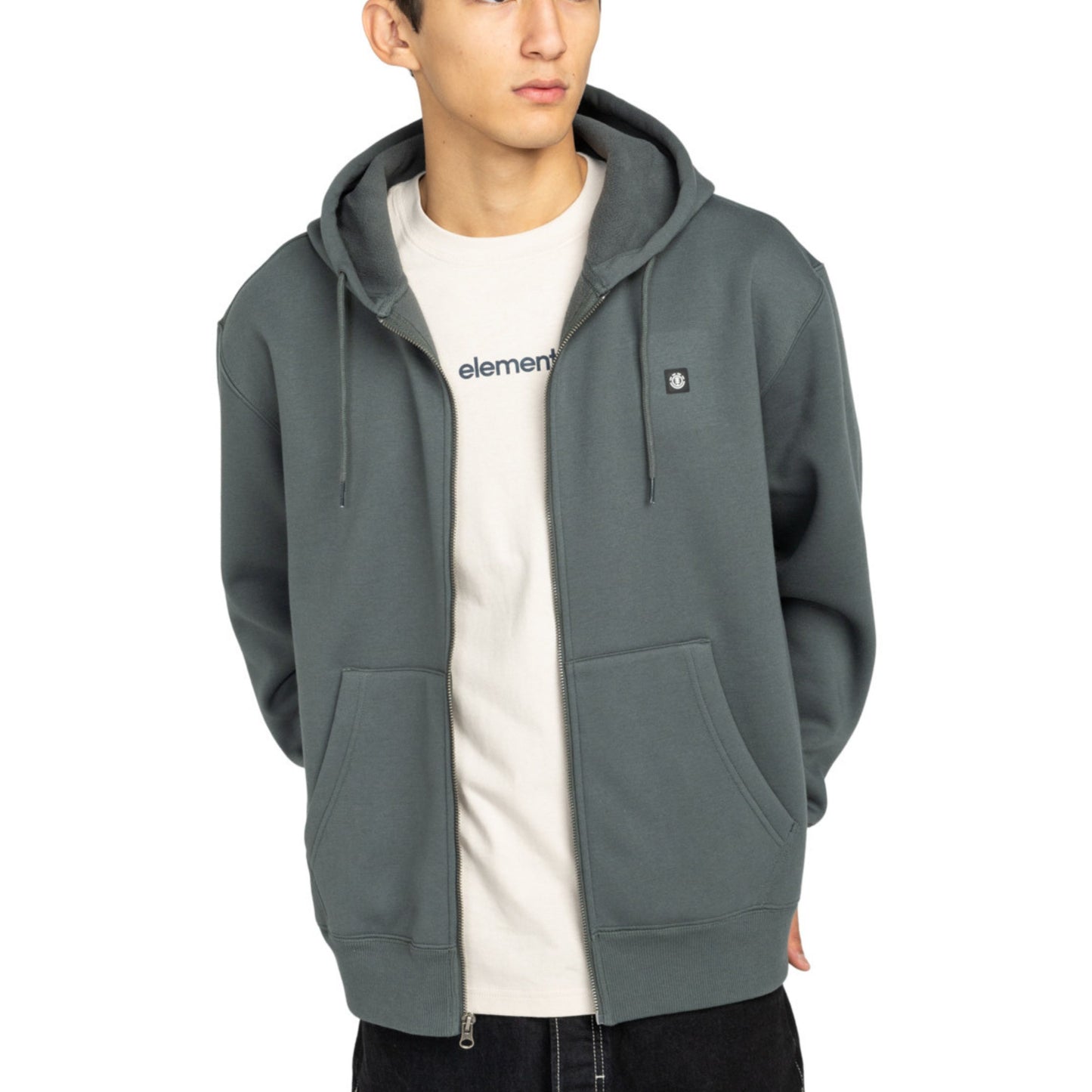 Casaco com carapuço e fecho zipper para homem Element Icon Rain em Ardoise. Foto da parte da frente, vestido.