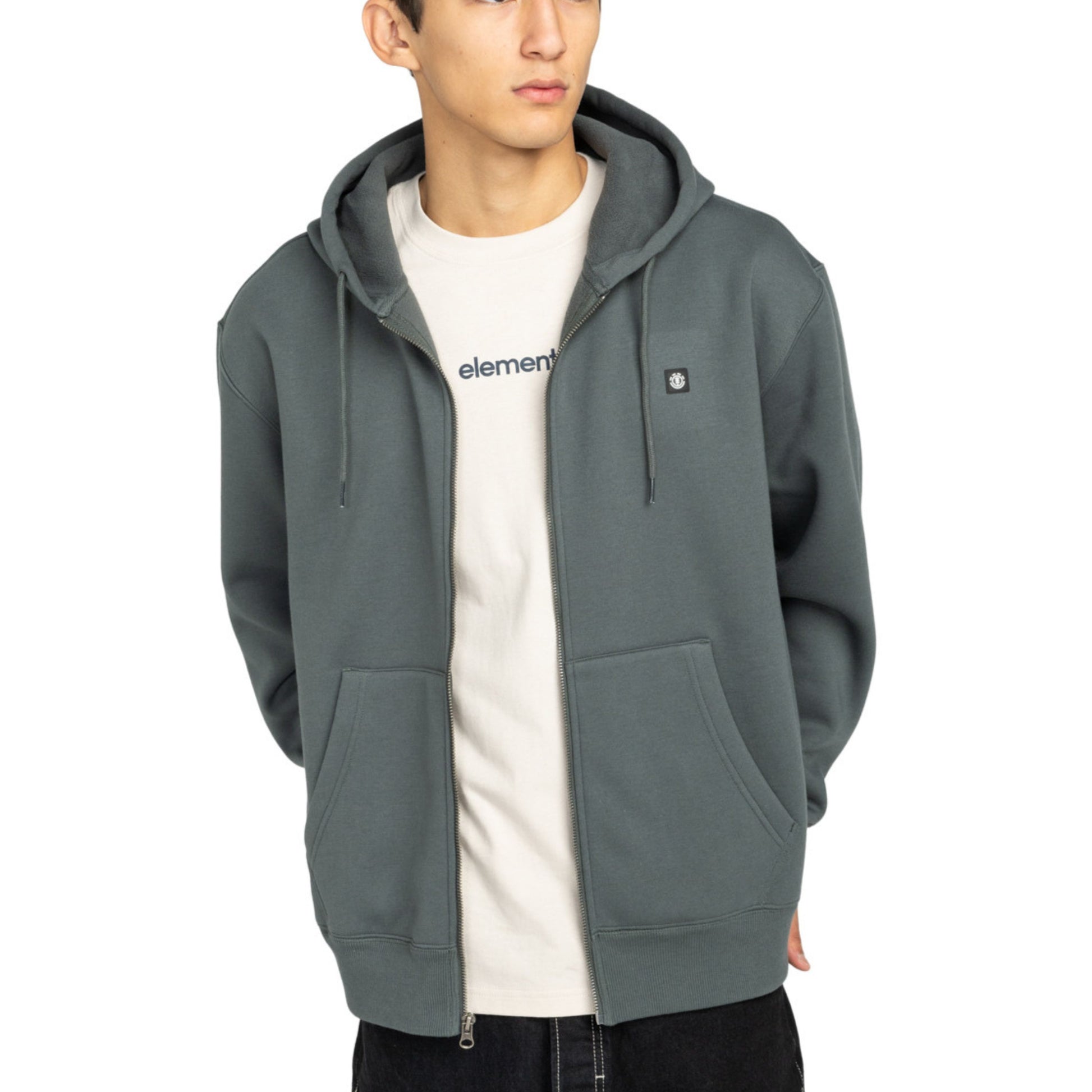 Casaco com carapuço e fecho zipper para homem Element Icon Rain em Ardoise. Foto da parte da frente, vestido.