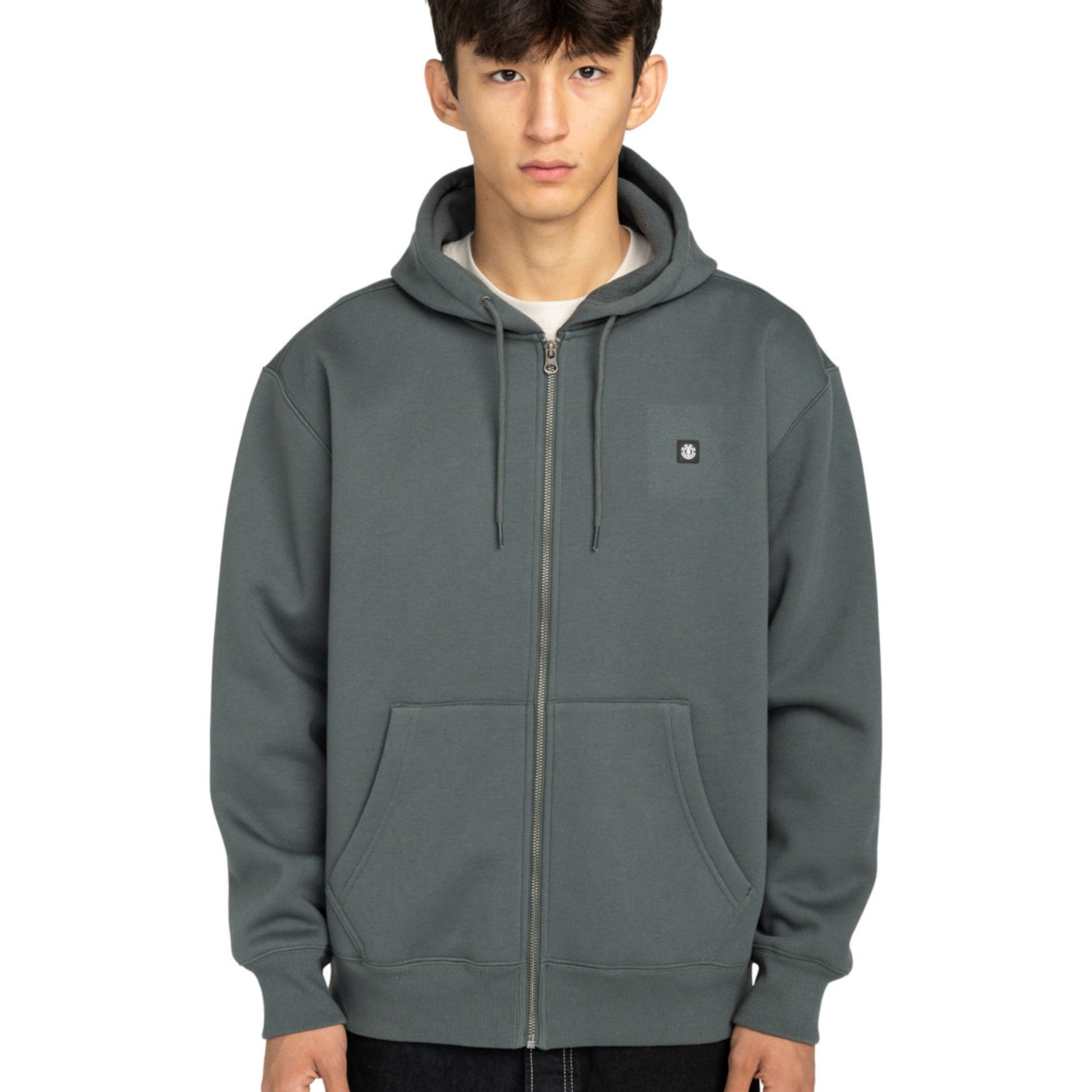 Casaco com carapuço e fecho zipper para homem Element Icon Rain em Ardoise. Foto da parte da frente, vestido.