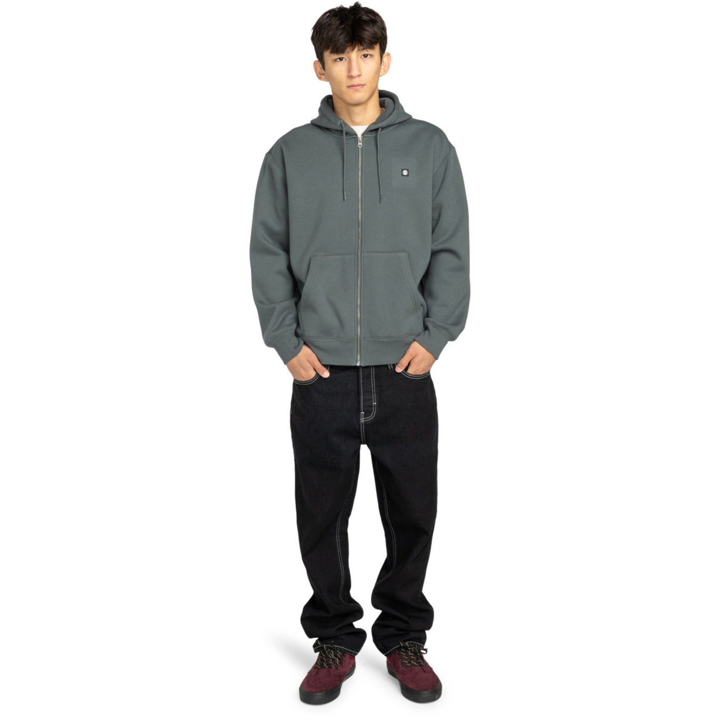 Casaco com carapuço e fecho zipper para homem Element Icon Rain em Ardoise. Foto da parte da frente, vestido.