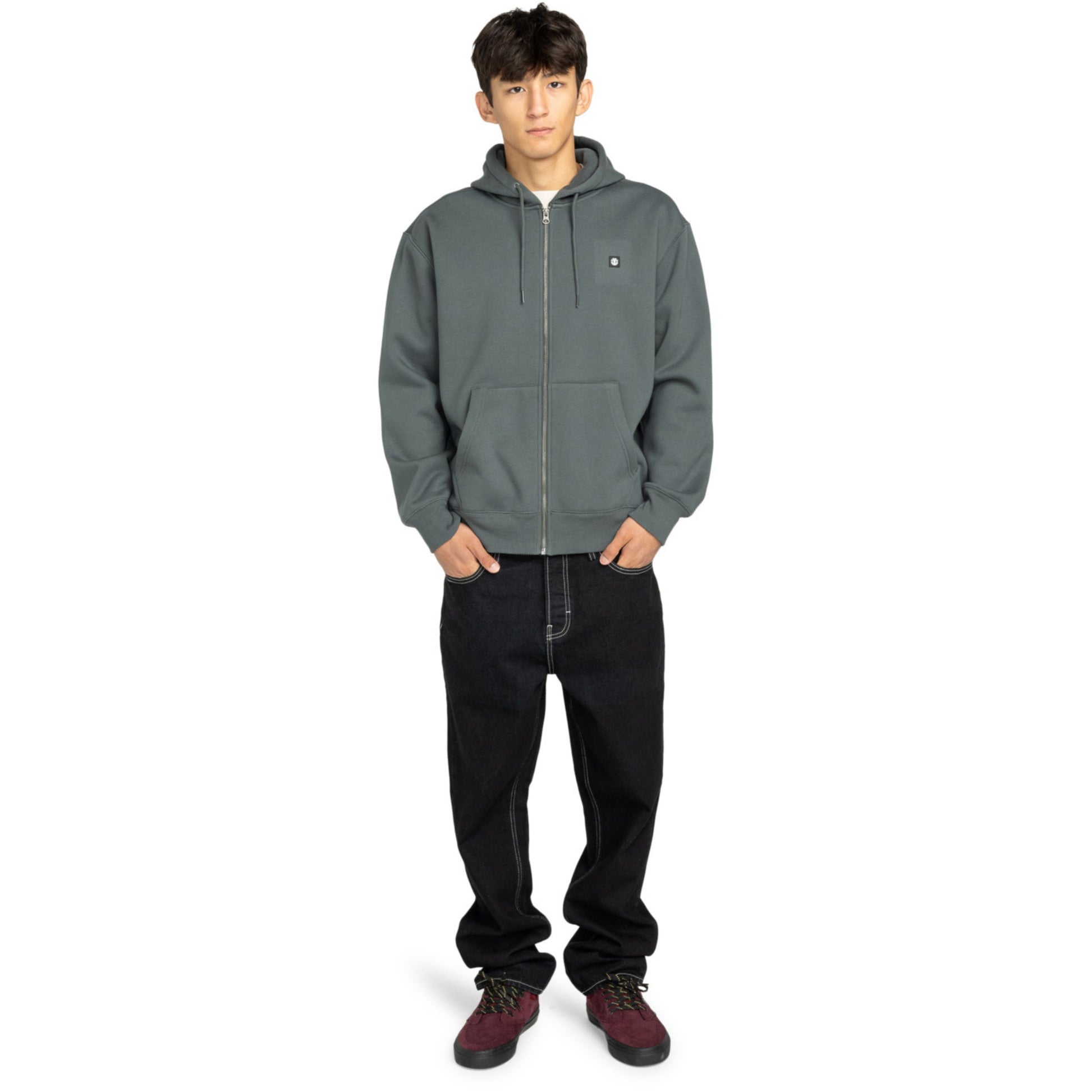 Casaco com carapuço e fecho zipper para homem Element Icon Rain em Ardoise. Foto da parte da frente, vestido.