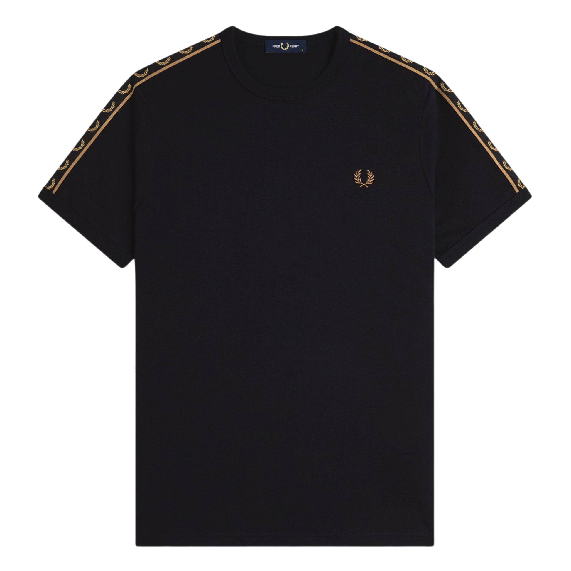 T-Shirt de manga curta para homem Fred Perry Contrast Tape Ringer em Preto/Shaded Stone. Foto da parte da frente.