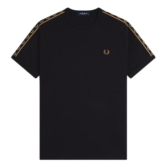 T-Shirt de manga curta para homem Fred Perry Contrast Tape Ringer em Preto/Shaded Stone. Foto da parte da frente.