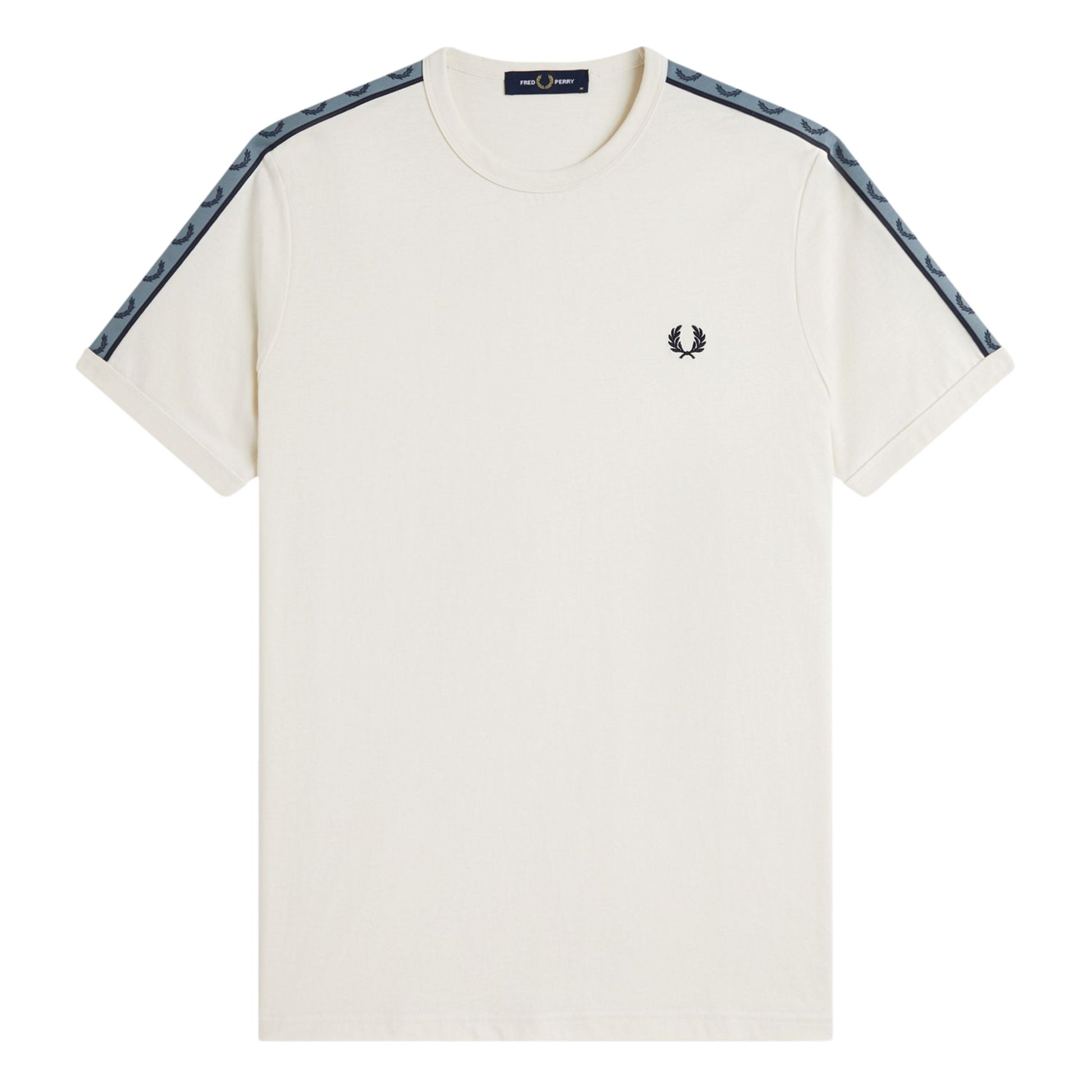 T-Shirt de manga curta para homem Fred Perry Contrast Tape Ringer em Ecru/Azul Marinho. Foto da parte da frente.