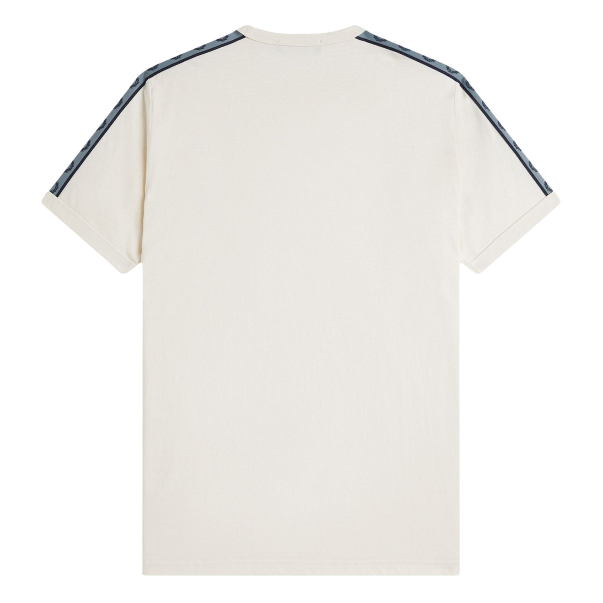 T-Shirt de manga curta para homem Fred Perry Contrast Tape Ringer em Ecru/Azul Marinho. Foto da parte de trás.