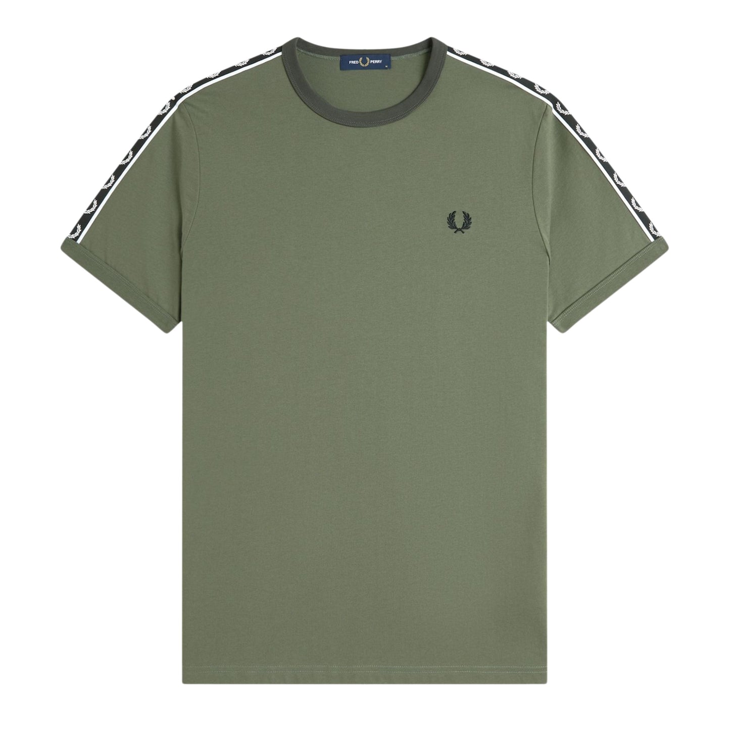 T-shirt com manga curta para homem Fred Perry Contrast Tape Ringer em Verde Laurel Wreath/Preto. Foto da parte da frente.