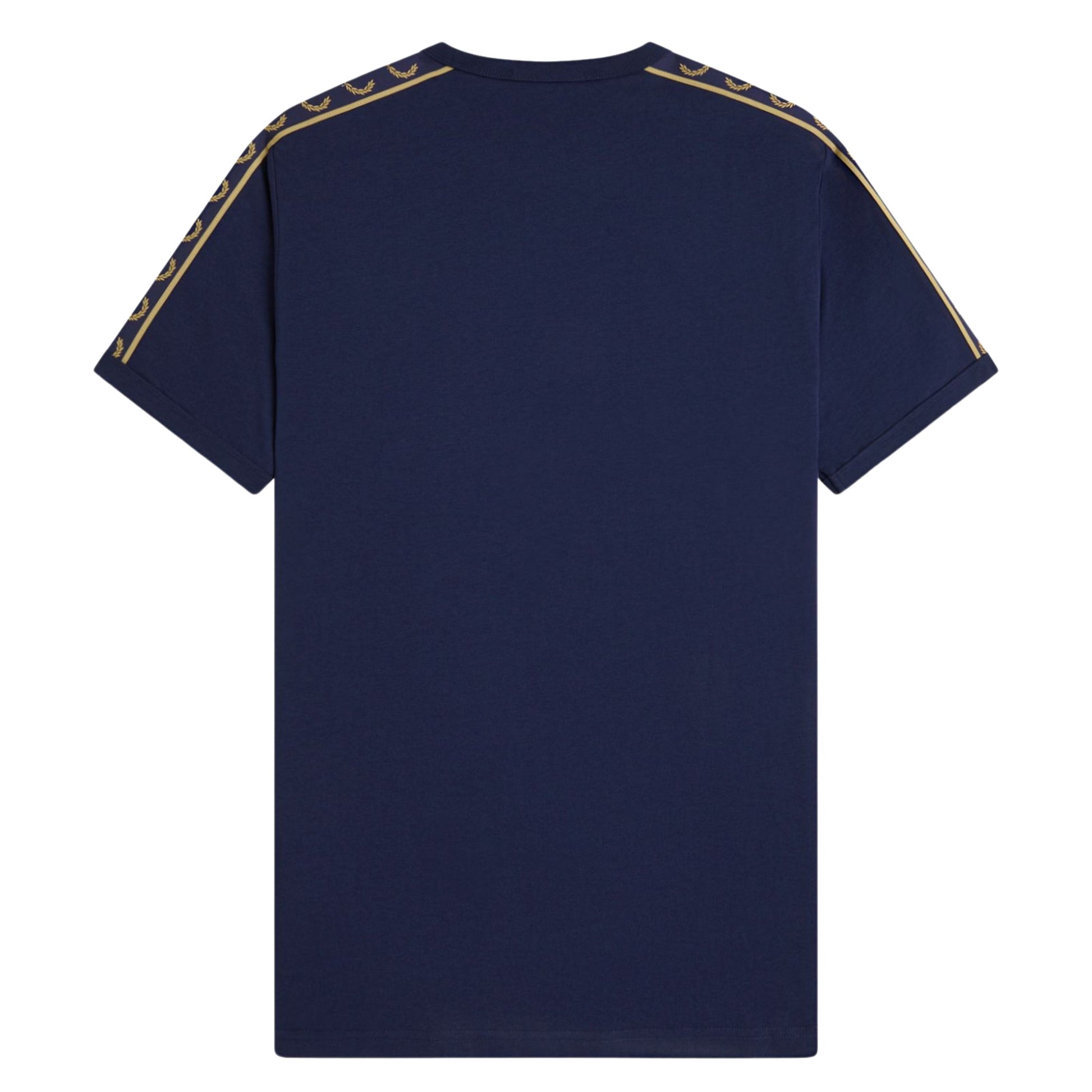 T-Shirt de manga curta para homem Fred Perry Contrast Tape Ringer em Azul Tennis/Champagne. Foto da parte de trás.