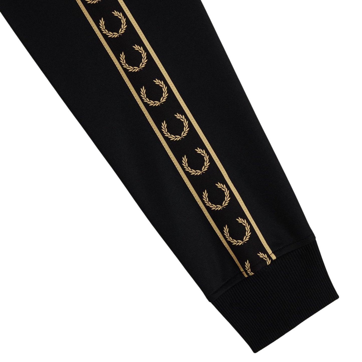 Casaco de fato de treino para homem Fred Perry Contrast Tape em Preto/Champagne. Foto de detalhe da manga.