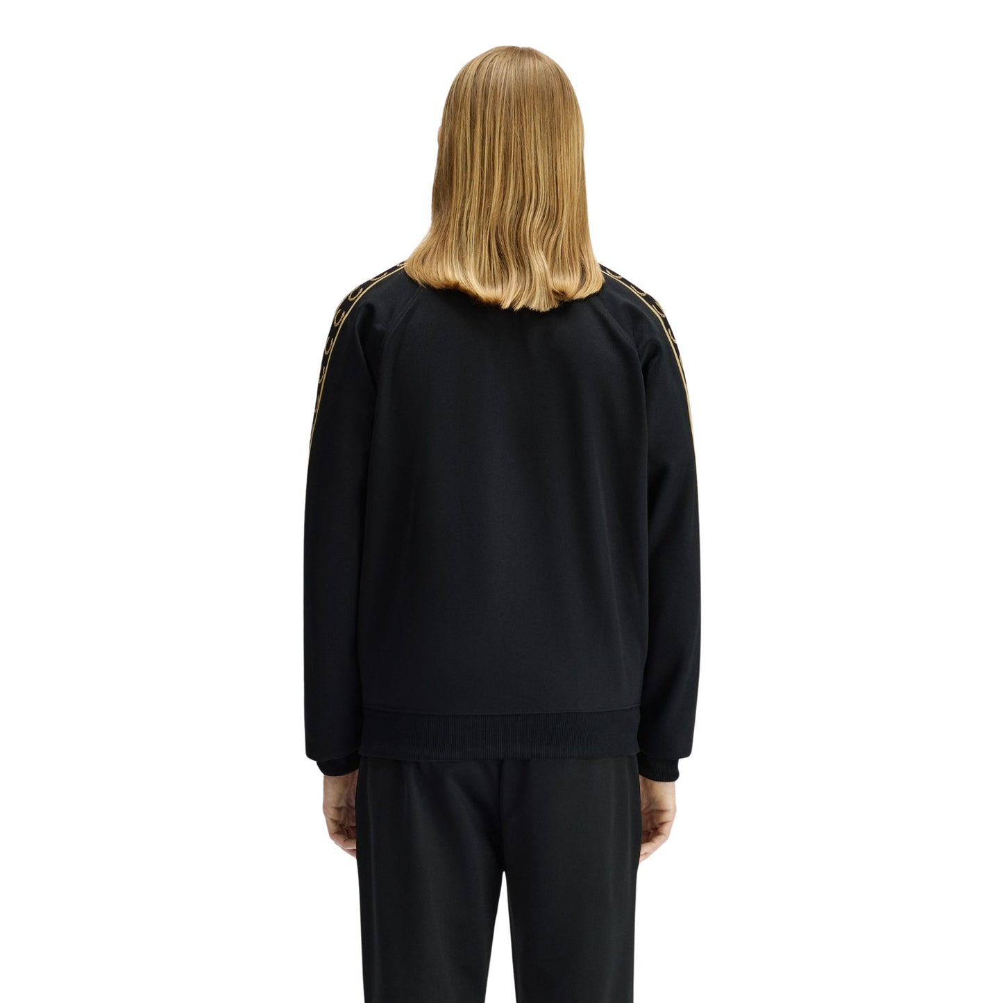 Casaco de fato de treino para homem Fred Perry Contrast Tape em Preto/Champagne. Foto da parte de trás, vestido.