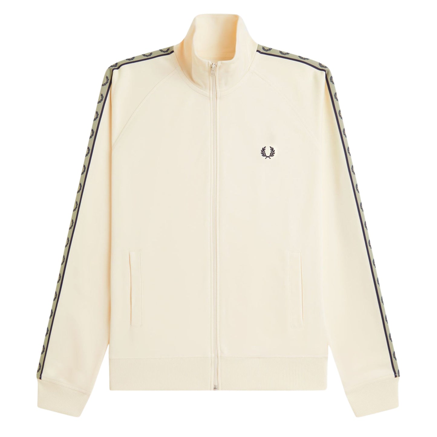 Casaco de fato de treino para homem Fred Perry Contrast Tape em Ecru/Azul Marinho/Seagrass. Foto da parte da frente.