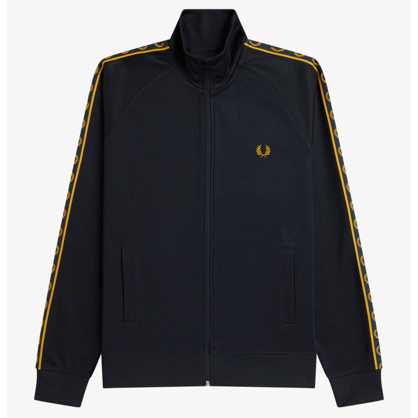 Track jacket Fred Perry Contrast Tape Track Jacket em Navy — produto sem modelo, vista frontal, fecho zip fechado, bordado Laurel Wreath em Golden no peito esquerdo, fita contrastante dourada nas mangas visível.