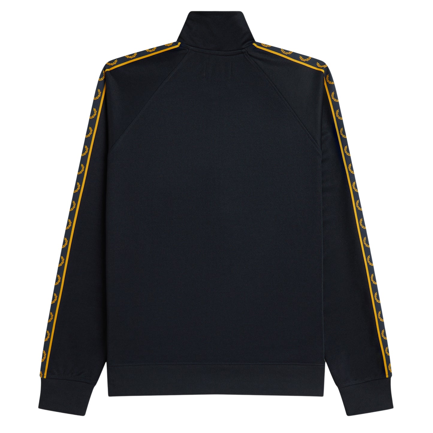 Track jacket Fred Perry Contrast Tape Track Jacket em Navy — produto sem modelo, vista traseira, costas limpas, fita contrastante dourada com Laurel Wreaths nos ombros e mangas visível.