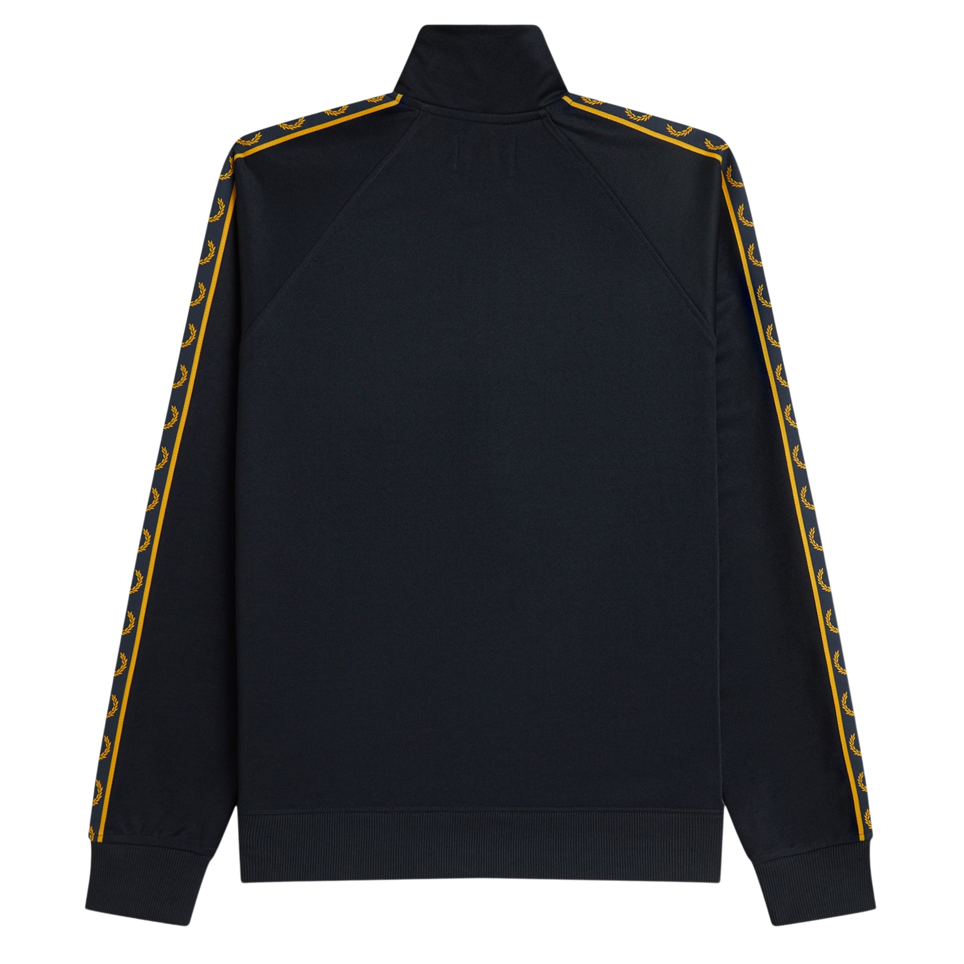 Track jacket Fred Perry Contrast Tape Track Jacket em Navy — produto sem modelo, vista traseira, costas limpas, fita contrastante dourada com Laurel Wreaths nos ombros e mangas visível.
