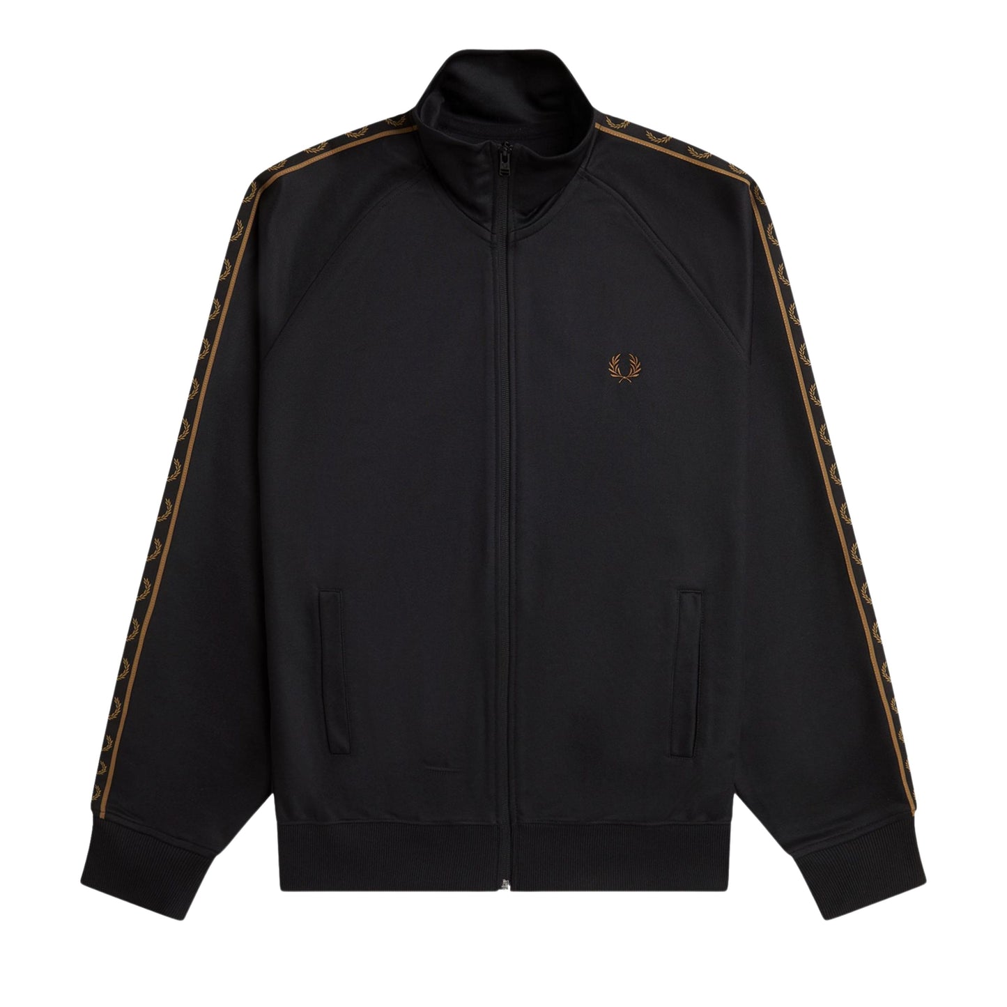 Casaco de fato de treino para homem Fred Perry Contrast Tape em Preto/Shaded Stone. Foto da parte da frente.