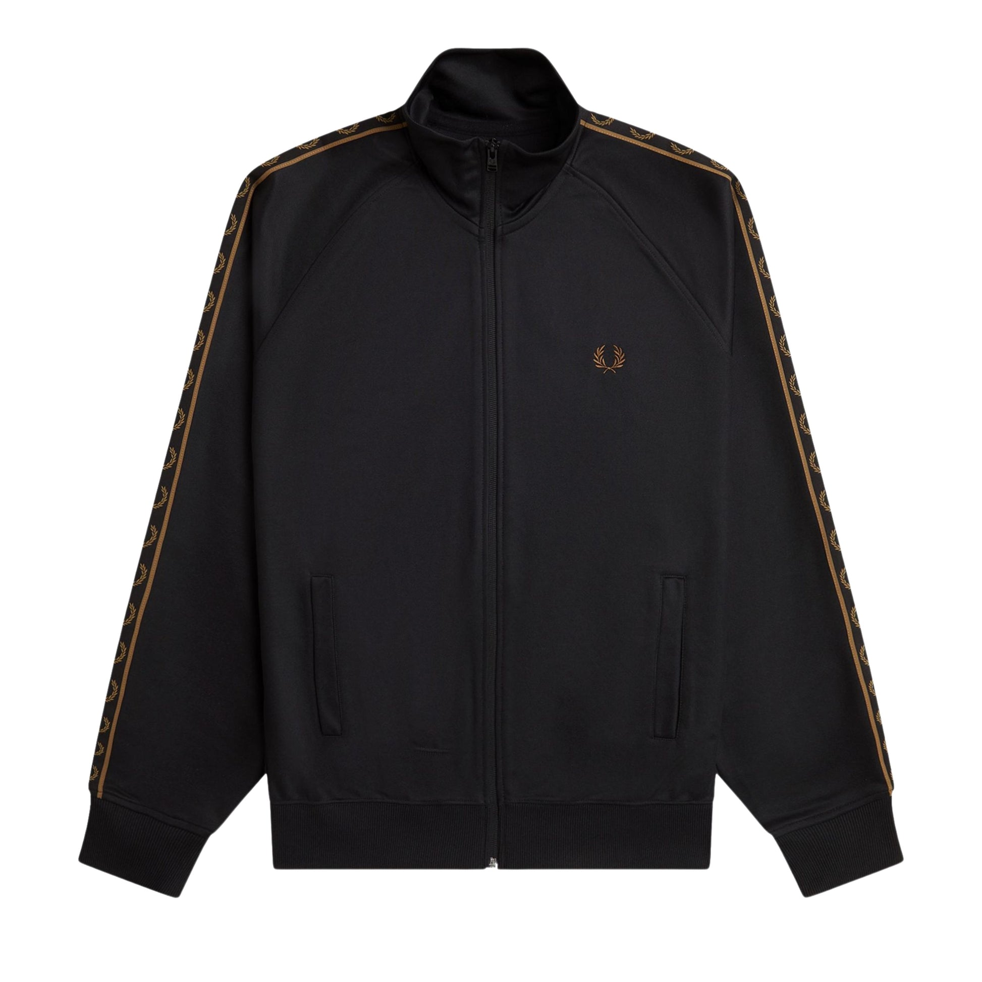 Casaco de fato de treino para homem Fred Perry Contrast Tape em Preto/Shaded Stone. Foto da parte da frente.