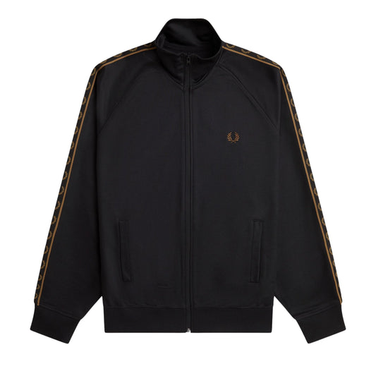 Casaco de fato de treino para homem Fred Perry Contrast Tape em Preto/Shaded Stone. Foto da parte da frente.