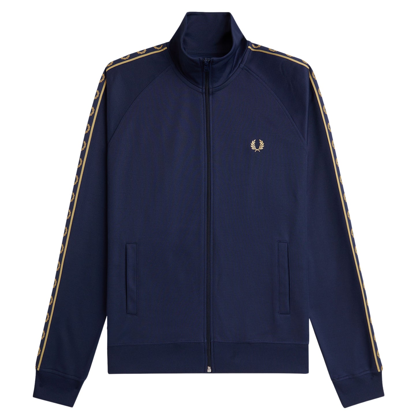 Casaco de fato de treino para homem Fred Perry Contrast Tape em Azul Tennis/Champagne. Foto da parte da frente.