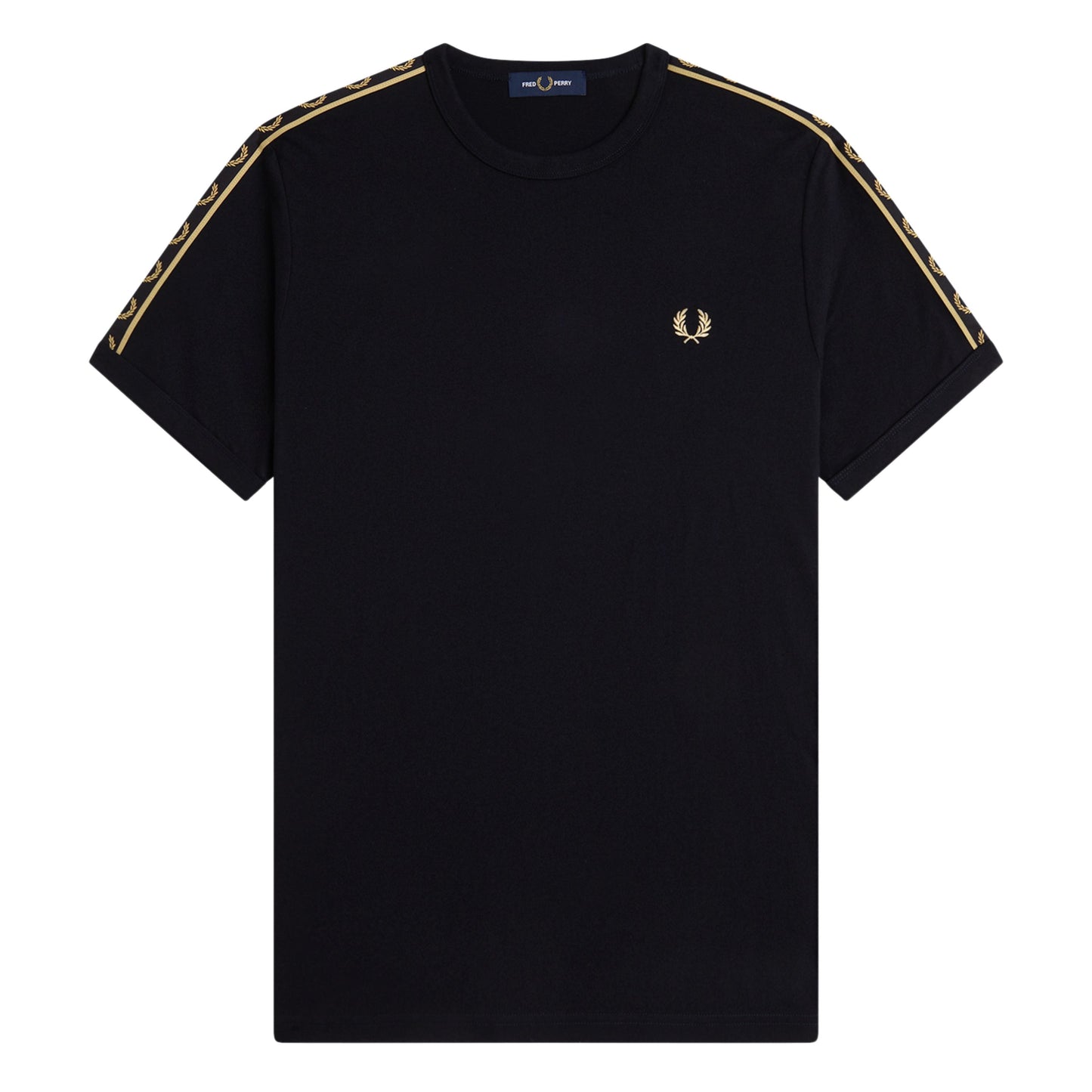 T-Shirt de manga curta para homem Fred Perry Contrast Tape Ringer em Preto/Champagne. Foto da parte da frente.