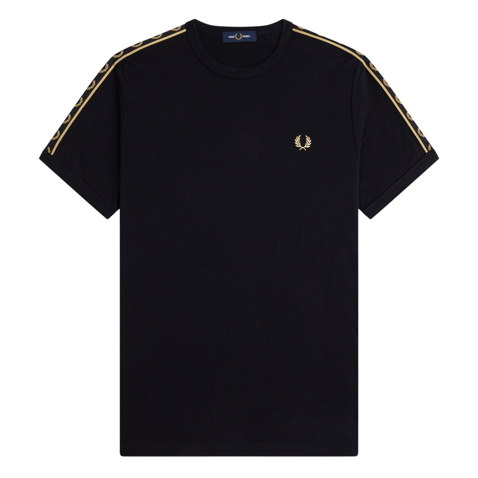 T-Shirt de manga curta para homem Fred Perry Contrast Tape Ringer em Preto/Champagne. Foto da parte da frente.
