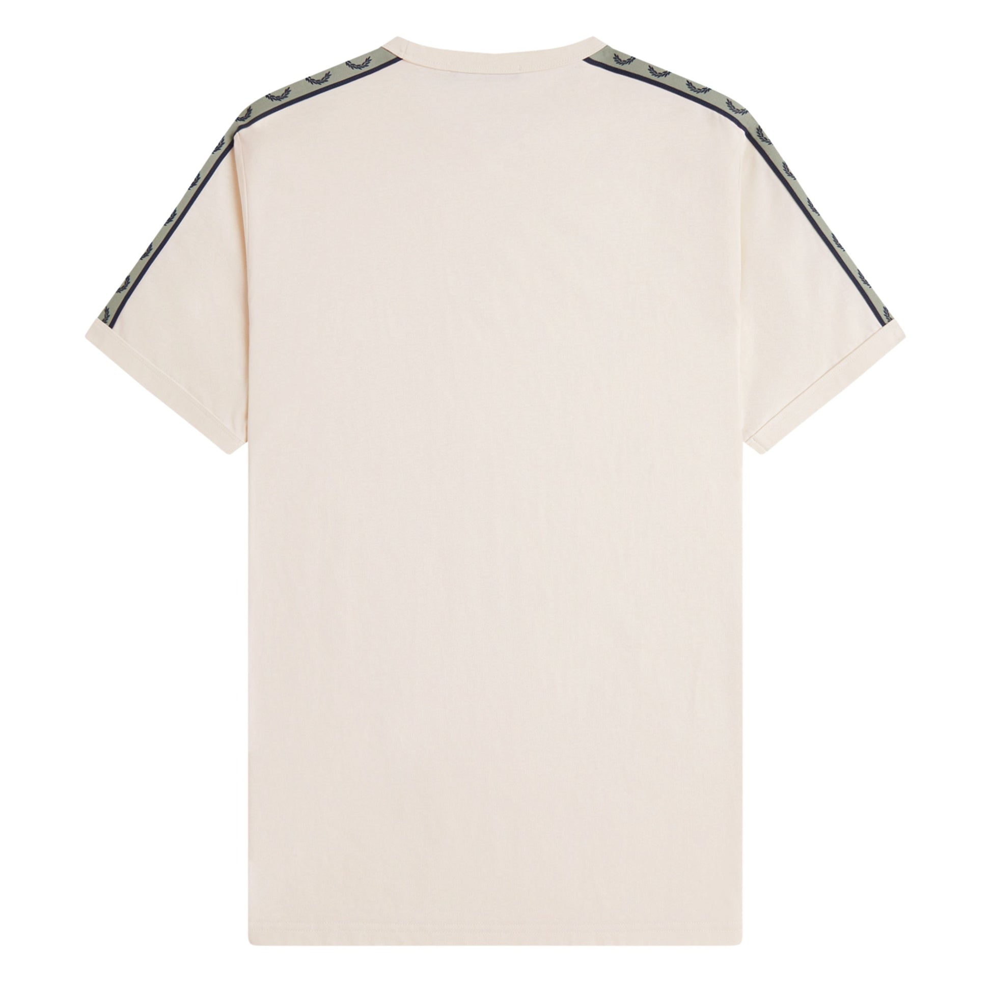 T-Shirt de manga curta para homem Fred Perry Contrast Tape Ringer em Ecru/Azul Marinho. Foto da parte de trás.