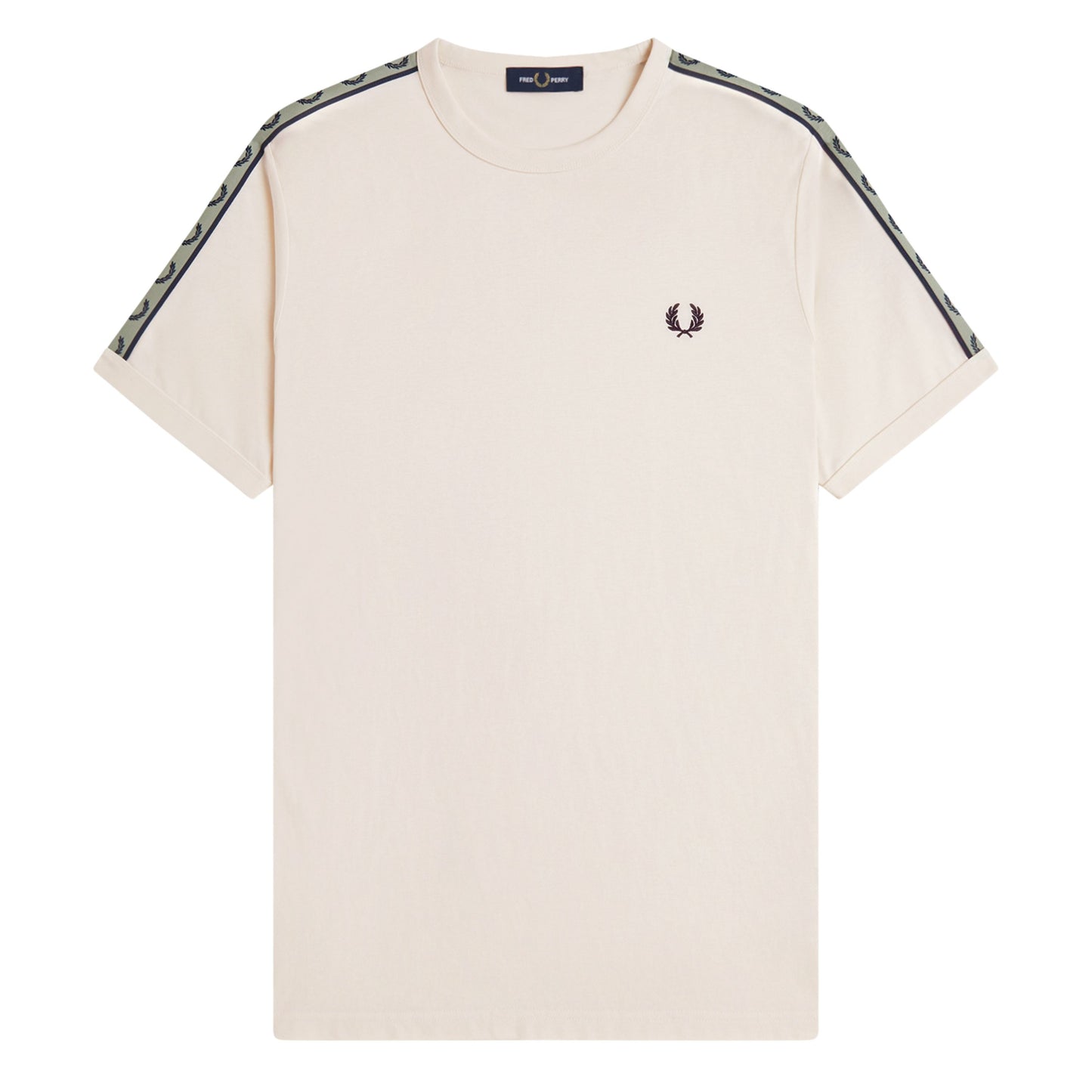 T-Shirt de manga curta para homem Fred Perry Contrast Tape Ringer em Ecru/Azul Marinho. Foto da parte da frente.